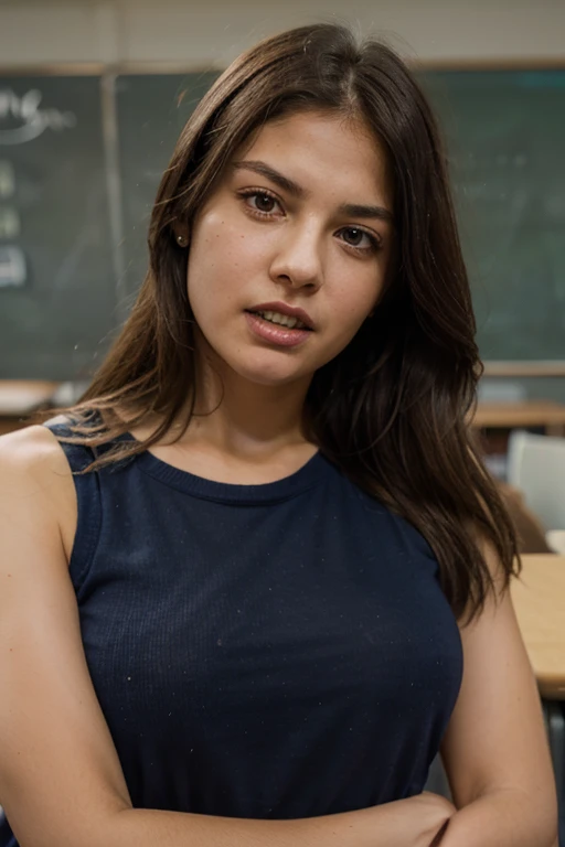 Mujer con una camisa vaquera sentada en un escritorio frente a una pizarra, (((half body camera shot))), linda colegiala, en un aula, sentado en el aula, high school girl portrait, hyperrealista , a hyperrealista , realista , mujer joven atractiva, linda mujer joven, Retrato de Sophie Mudd, escote, mirando seductoramente al frente.