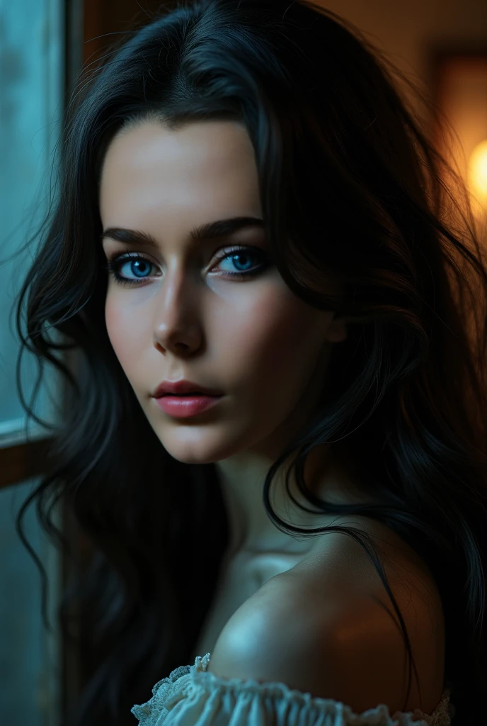 Yael Shelbia (beautiful and bold, seductive and attractive, blue eyes, pointed breasts, long curly black hair, sweaty body, open shirt, short shorts, me, boot, thick legs). (at a night club, drinks, lights), (Best quality, masterpiece, depth of field, Full HD, 4K, richness of detail). Portrait style