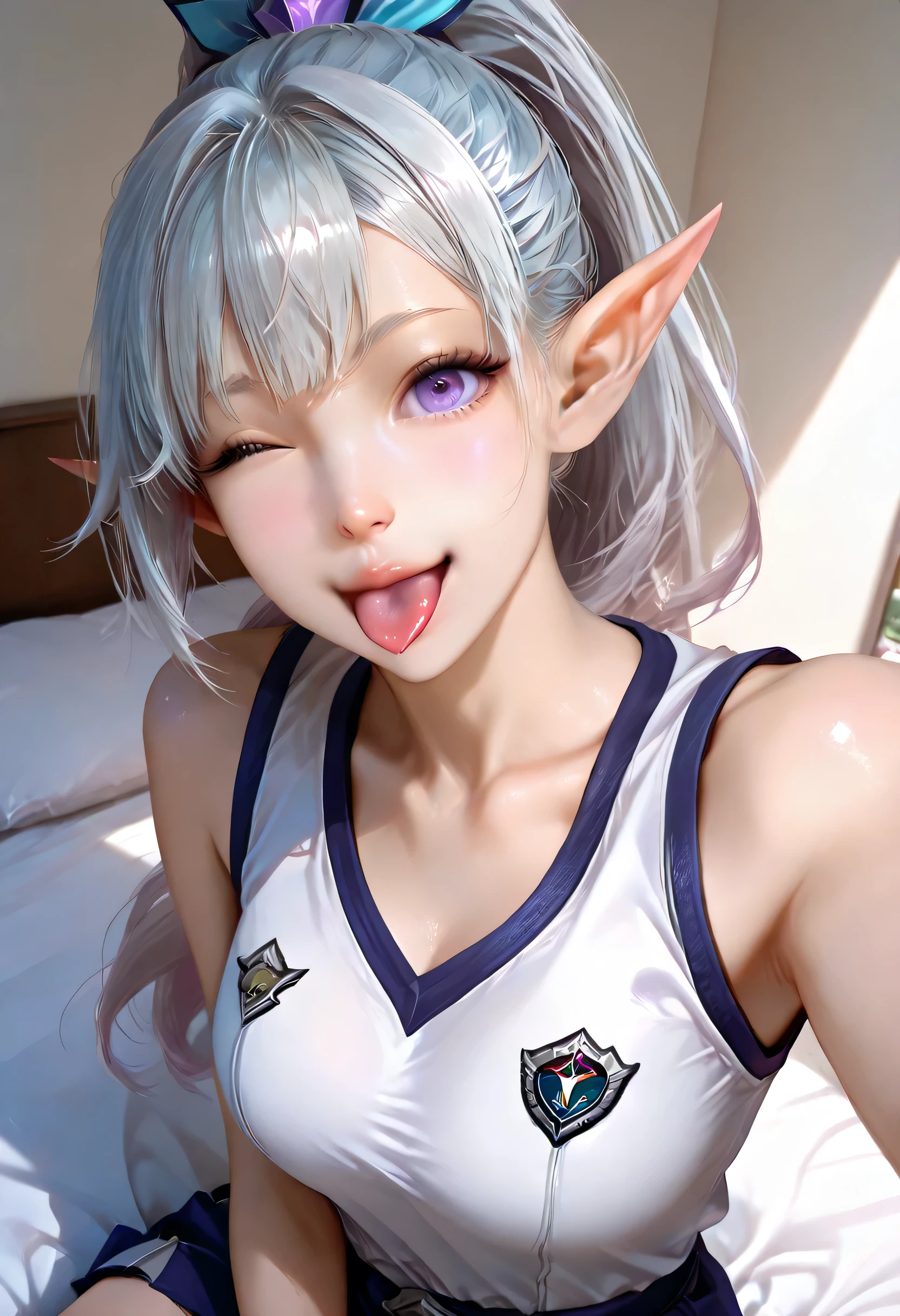 ultra detailed realistic elf miya half body, silver hair, purple eyes, white tanktop uniform, background, ray tracing, ponytail hair, sitting on the bed, cute face, wink expression selfie tongue out little