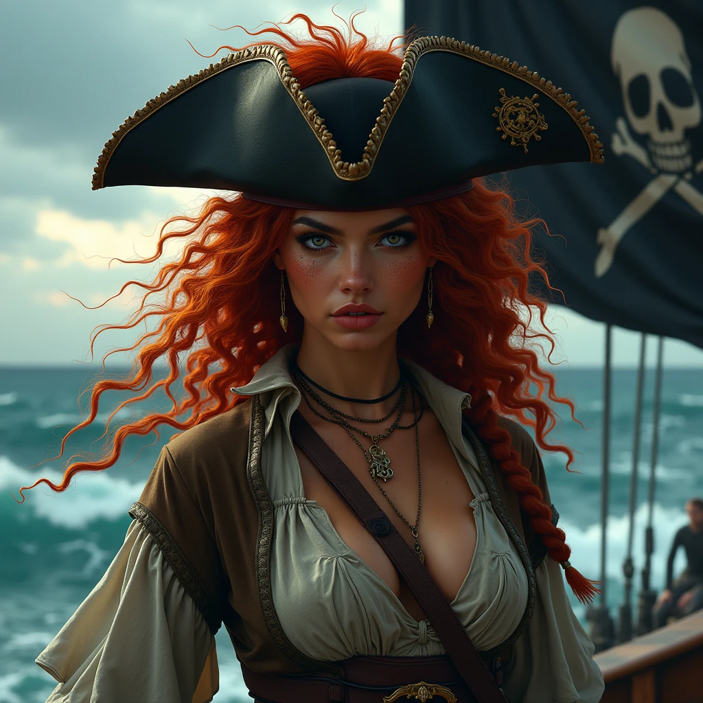 masterpiece, high quality, detailed, realistic, photorealistic, 1girl, nami from one piece, standing on a pirate ship, looking at the horizon, sea, ocean, blue sky, white clouds, sunlight, detailed face, beautiful eyes, long eyelashes, detailed nose, detailed lips, detailed hair, orange hair, pirate outfit, pirate hat, pirate ship, wooden ship, waves, seagulls, coastal landscape, dramatic lighting, vivid colors, cinematic composition, intricate details, professional art