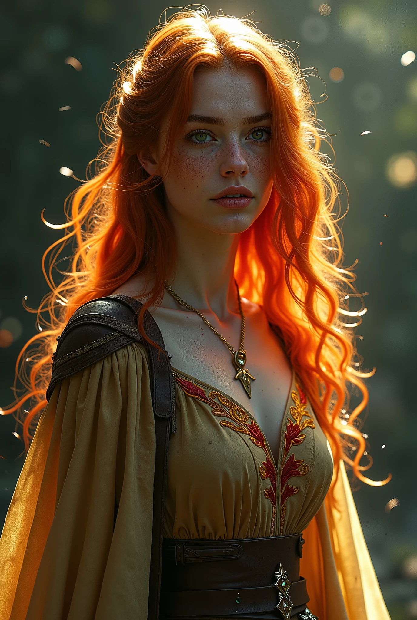 a female portrait of a hyperdetailed in the style of a bellatrix from harry potter and a rogue dnd character,ginger hair, (pleasant:1.3) thoughtful expression, full body, conjuring magical energy, cinematic shot on canon 5d ultra realistic skin, Fabian Perez Henry Asencio, Jeremy Mann Marc Simonetti fantasy magical horror atmosphere, (highly detailed environment:1.3)
