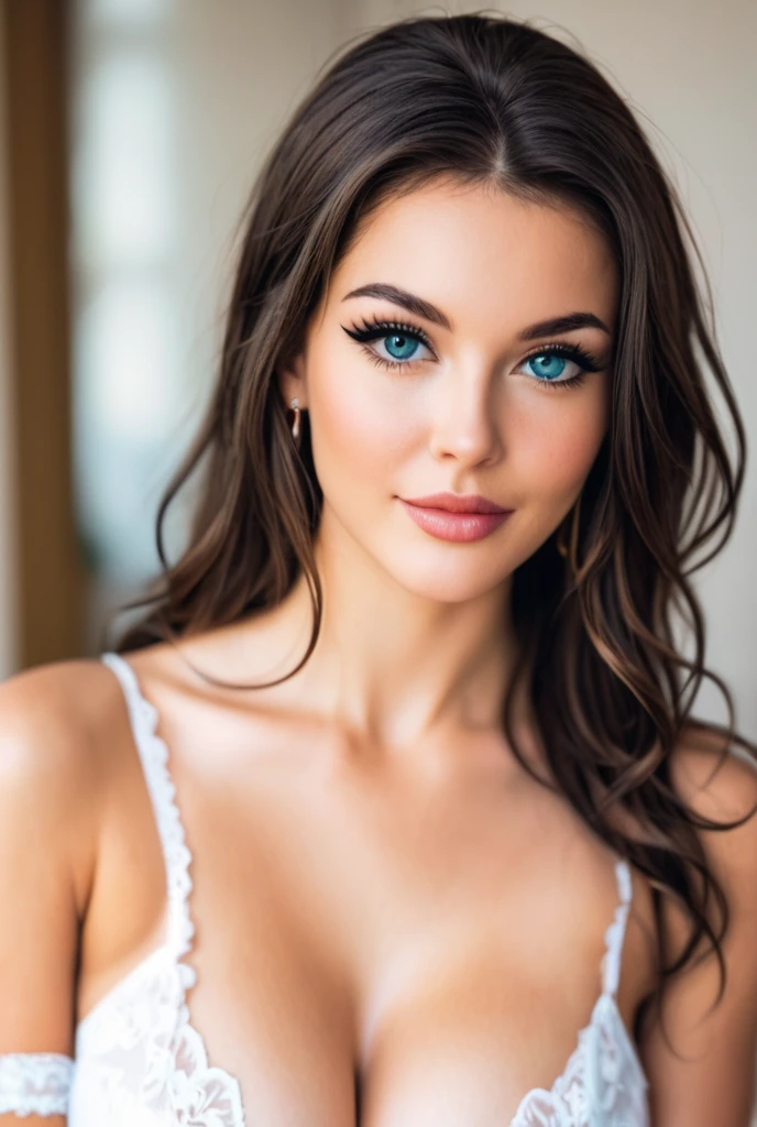 A sultry 27-year-old woman with piercing blue eyes and luscious locks poses confidently before a dark studio backdrop, her full lips slightly upturned in a mischievous grin. She tilts her head forward, a bouquet of delicate flowers pressed to chest, petals gently caressing porcelain skin. Golden light softly illuminates her face, accentuating gentle curves and radiant eyes. Her 38D cleavage showcases uncovered, statuesque figure highlighted by flattering studio lighting. In the background, a breathtaking galaxy sprawls across the sky, its stars twinkling like diamonds against the inky blackness, perfectly captured by the ultra-quality DSLR camera.