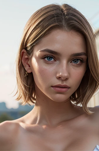 professional, (4K photo:1,1), (Focus:1,3), high detail, playful (Camila Giorgi1.1), beautiful detailed face, blue eyes, blonde hair, (blushing:1.1), Beautiful atletic body, Face close up only from shoulders up looking directly into the camera, nude topless, arms raised with hands behind the head, beautiful armpits, sweaty skin, gloomy atmosphere, Dark background, (Eye makeup, mascara), ((Stylish hairstyle)), Natural breasts, ((Posing)), photoshoot, studio (Contour lighting), (The play of light and shadows), Focal Length, bokeh, (special attention to skin detail: 1.2), Detailed leather texture, skin pores, (Film grain, VHS effect), (shine) , ((lens)) , ((close-up portrait, close to the camera)) , ultra detialed,