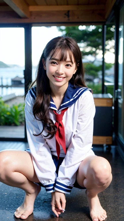(8k、Raw photo、highest quality、masterpiece:1.2)、(Realistic、Photorealistic:1.37)、Ultra-detailed、超A high resolution、1 girl、Seeing the viewer、Beautifully detailed face、Laughter、narrow、(Narrow waist) :1.3)、Beautifully detailed skin、Skin Texture、Floating Hair、Professional Lighting、Human whole body、Long Hair、Blonde、Japanese Height 、Sailor suit、Bob Hair、Smile、-yeld stblue socks、White knee-highs、E cup breasts、Station platform、countryside、E cup breasts、A pose that emphasizes the chest
