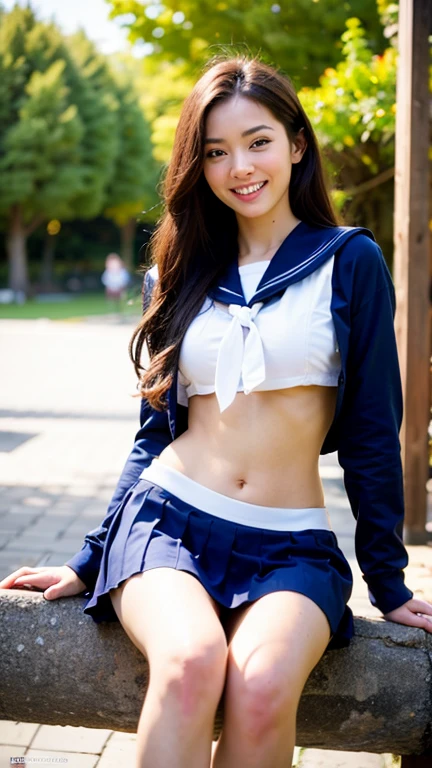 Pure young Japanese school girl, natural body, beautiful legs, lift up blouse, flashing beautiful nipples, wearing summer uniforms, natural black hair styles, no makeup, thick eyebrows, pure smile, refreshing in summer sunlight, feeling soft breeze in hair, sitting in sunshade, sexual attractive, professional portrait photography, 