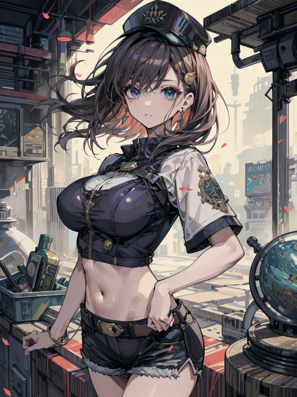 Gwen Tennyson,Tracer,Bulma,Rebecca Chambers,Overwatch,1 Girl,Sunlight,close up,Cyberpunk City,space ship,planet, The Mandalorian,military uniform,Bounty Hunter Gear,Green Long Sleeve Lycra Top,Long hair,silver earrings,Exposing belly,Holding a blaster, Gothic Makeup,Green Eyes,Orange Hair,purple hair highlights,Shy laugh, ,Large Breasts,beautiful girl,Large Breasts,Ultra Detailed,Practical,Fantasy Art,Exposing belly部,belly button,belly button眼,Exposing belly,Thong,Bare legs,Long legs,Meat Leg