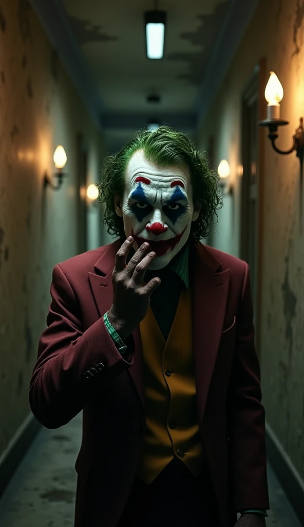 16K HD high quality image, photo realistic, seen very close, man, Heath Ledger grimer en joker, visage effrayant, feelings of fear and dread, sous terrain en pierre tres étroit, ceiling hinge, shadowy, wetty, head touches the ceiling, low yellow-orange lighting. sourire moqueur,