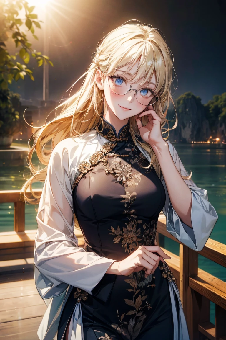 最high quality, high quality, High resolution, high quality texture, high quality shadows, High resolution, Beautiful details, Detailed CG, Detailed Texture, Realistic representation of face, Realistic, colorful, delicate, Cinematic Light, Side light, Lens flare, Ray Tracing, sharp concentrated, (1 Girl,concentrated:1.3), ( Intricate details, compensate, PureErosFaceV1:0.5), (細部まで美しいdelicateな顔, 緻密で美しいdelicateな瞳, Perfect Facial Proportions, Dense skin, Optimal ratio of four fingers to one thumb, Modest chest, Beautiful Hips, Smooth upper abdomen, blue eyes , glasses ,buzzer, blue sky,adventure journey ,the gaze of true love, lips of temptation, A look full of compassion ,a smile full of love, i love you, Acting lovey-dovey, house wife,waist up, 35 years old,Halong Bay,cruising, ao dai , air fortress hair, blonde hair