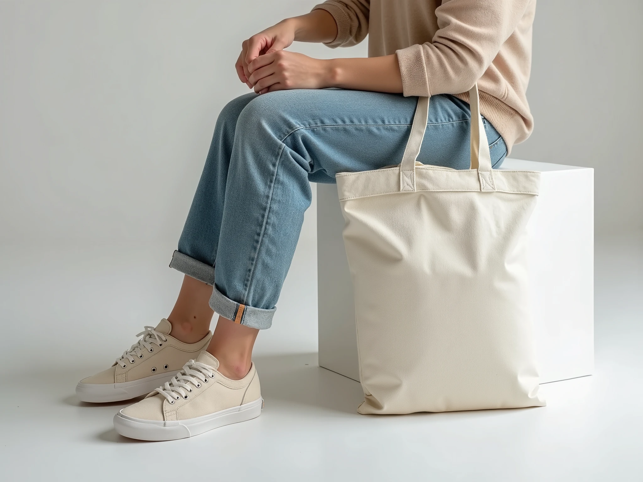 (((Close-up))) of a trunk of a young woman sitting on a low white block, wearing jeans and (((Vans® sneakers))), holding one holding a simple white bag, holding a cloth bag cru, holding a cloth bag, Straight bag, Sustainable Materials , carrying an ecological bag, Realistic photo, advertising photo
