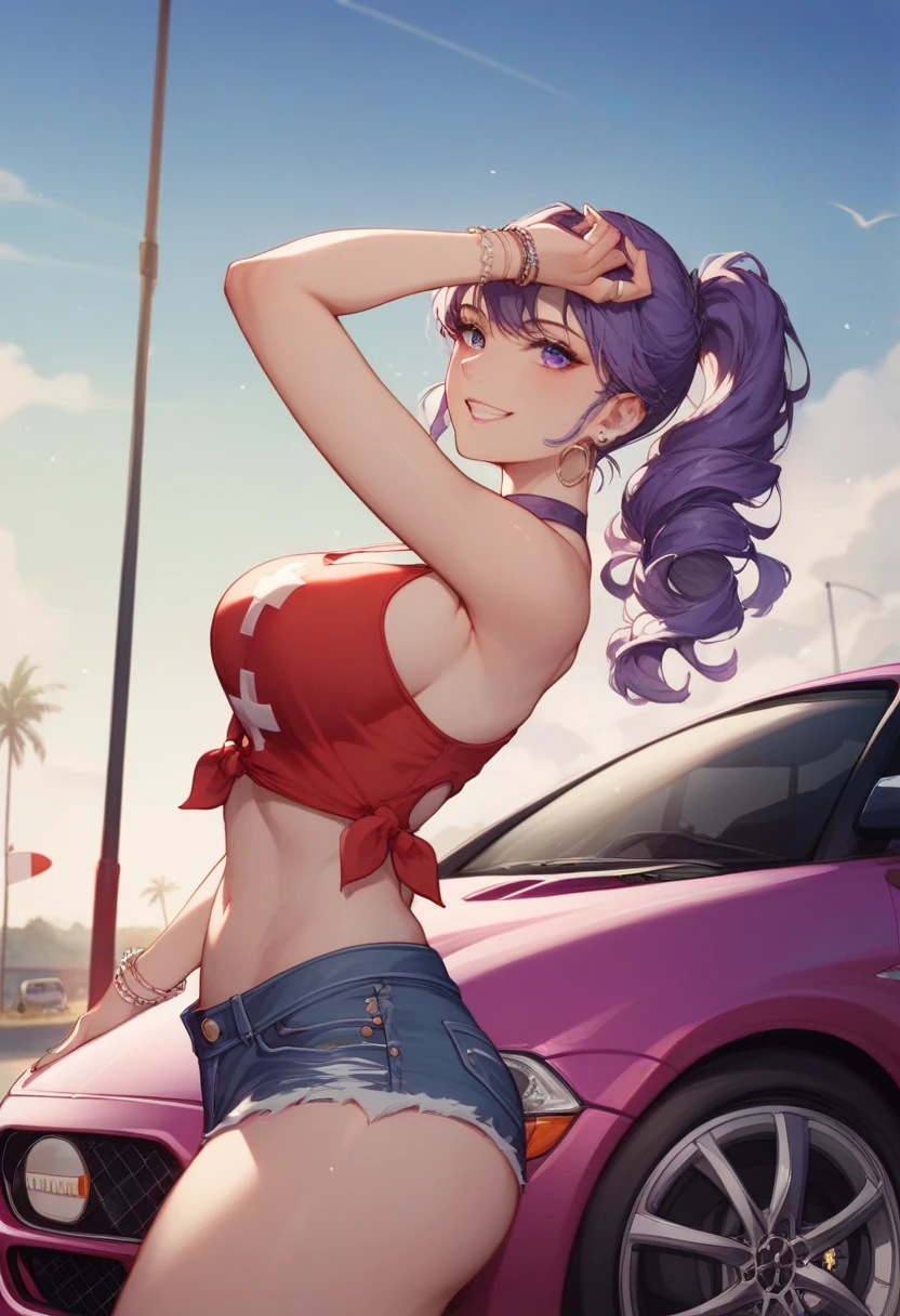 2 anime girls, topless, wearing blue panties, tattoos their chest, tattoos on their arms, standing next to a purple lowrider car, by the lake, 8k, full frame