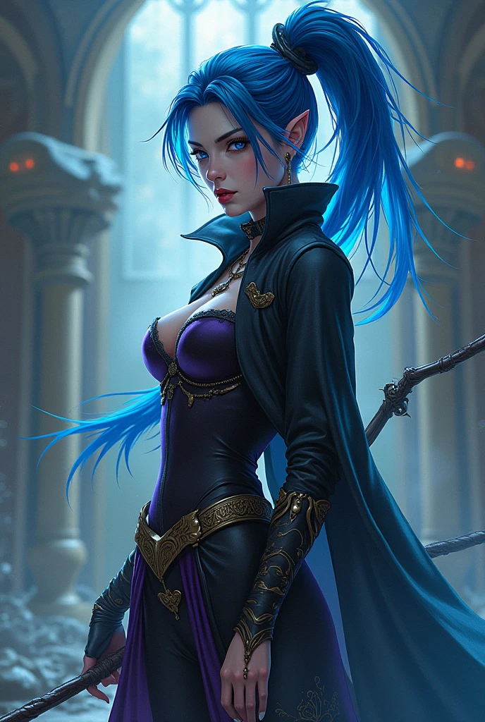 from above, high view shot, in the heart of a fantasy vampire world, a young sexy vampire elf woman with a pink and green style haircut, luminicent hair, elf ears, sexy vampire clothes, blue, pink, green and purple magic aura, smile. In a blue and purple enchanted castle, with cursed walls marked with elfic symbols, vampiric tattoos, sensual pose, magic dust, creates an atmosphere of vampiric magic and elfic magic, energy and neon lights, neon blue , neon purple. good quality eyes, red eyes, ultra detailed, blue, green and purple, magic light effects, masterpiece, 4k, raytracing, medium body, close-up, high view, particles and hard blue-green neon lights, focus on blue and purple color