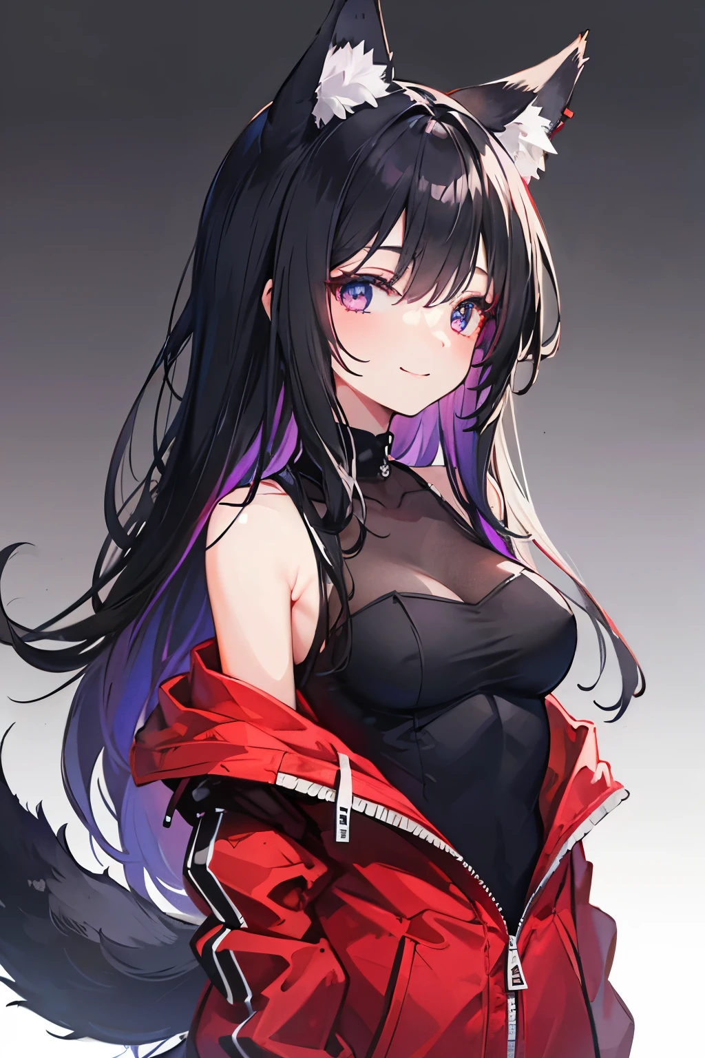Girl, long black hair fading down into a purple or magenta, hair ombré, black and red wolf ears and tail, red at the ends of tail and wolf ears, smile, cute, sweet, expressive dark gray colorless eyes, red jacket