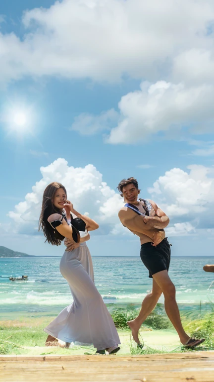 One Korean male actor、Mare、Jumping、A delightful、sand beach、Bright smile