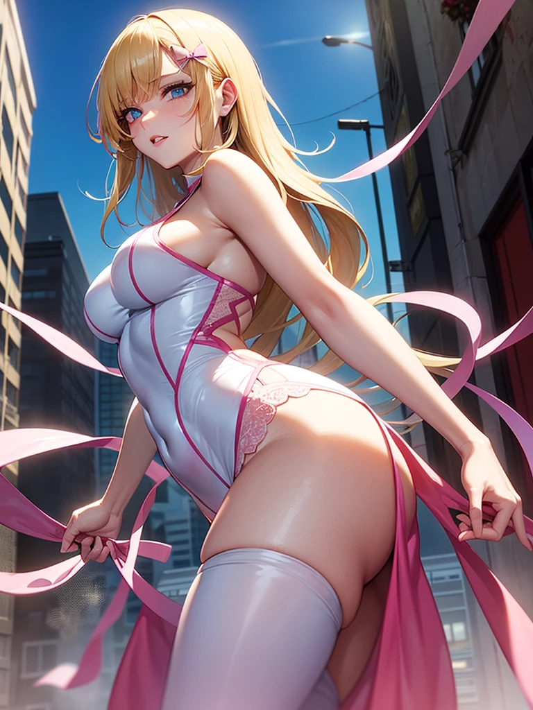 (((best quality))), (((high resolution))), (((masterpiece))), ((ultra-detailed)), (illustration), ((an extremely delicate and beautiful)), ((super detail)), (((20 years old))), ((adult)), (((tall))), gleaming skin, shiny body, breast focus, (((ultra-huge breasts))), elegant smile, ((big round eyes)), cute eyes, drooping eyes, two hands, five fingers, no extra hands, two legs, slender legs, ((biopunk)), ((metallic cloth)), (android), gynoid, delicate metal decorations, (medium length hair), (hair shorter than shoulder), braid, (see-through), mini skirt, ((midriff-baring outfit)), (shining brightly), outdoor, daytime, city, (dark blond), (super heroine), (cheerleader), ((metallic pink)), (metallic shining bikini), (spread legs), camel toe, sit with legs stretched out, (((sfw))),