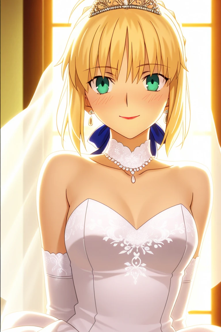 (((Pixel perfect, Perfect details))), alone, 1 girl, Chisato Nishiki,looking at the audience, Smile, Upper body, Close-up of beautiful bride wearing beautiful wedding dress,Gurwitz,(bridal veil:1.5），（Transparent short veil：1.5），Blushing face，Head flower，headgear，（tube top wedding dress：1.5），（Silk dress：1.2）,（Strapless wedding dress：1.5）,pure white dress，necklace，earrings，(large breasts:1.3)，Deep V peach heart collar wedding dress，Bangs，lipstick，（lace gloves：1.3）,whole body照,High detail RAW color art,Long white dress，whole body，Place your hands behind your back，