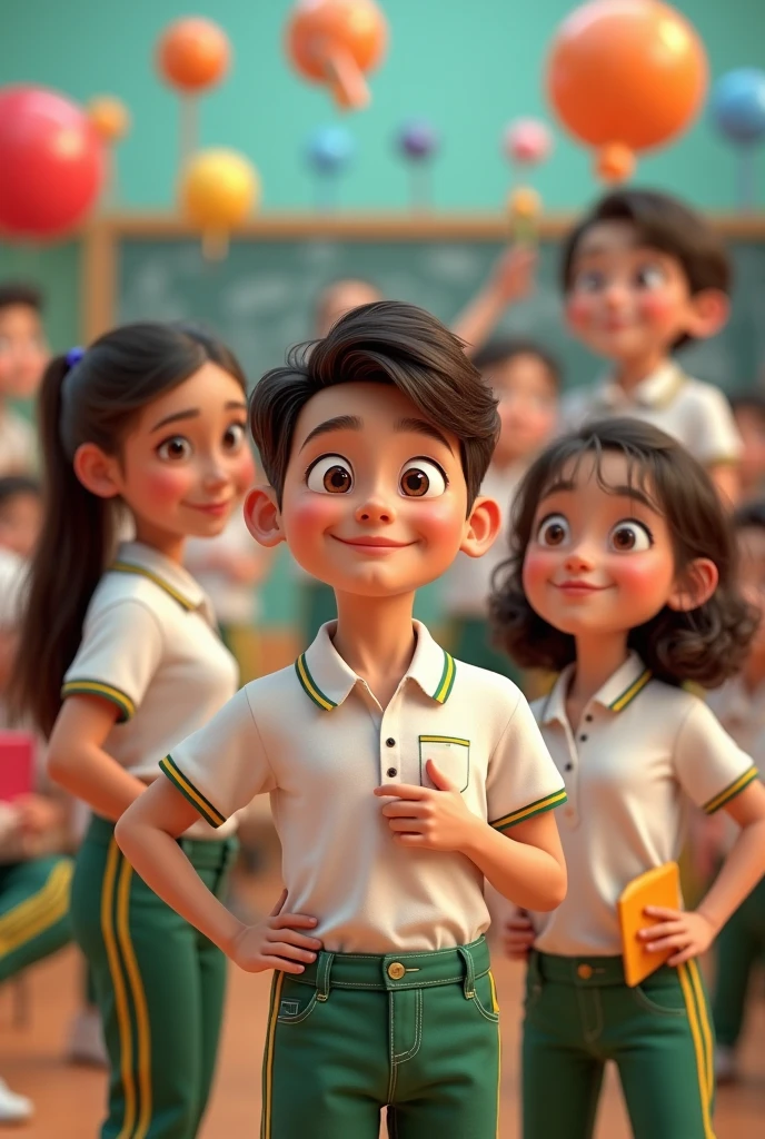 An ultra-realistic 3D image of a group of diverse students, aged 10 to 18, wearing school uniforms with white shirts featuring three thin horizontal stripes—red, green, and yellow—across the chest, paired with blue pants. The students are gathered outdoors in a lively, sunlit setting, captured in a moment of joy and connection as they engage in activities like laughing, talking, and studying together. The characters have highly detailed, lifelike features, with natural skin tones and realistic expressions, while the uniforms display realistic fabric textures and vibrant colors. The background subtly showcases decorations like banners and posters promoting Statewide Student Week. The image is rendered in 8K resolution, perfect for a visually impactful promotional campaign.