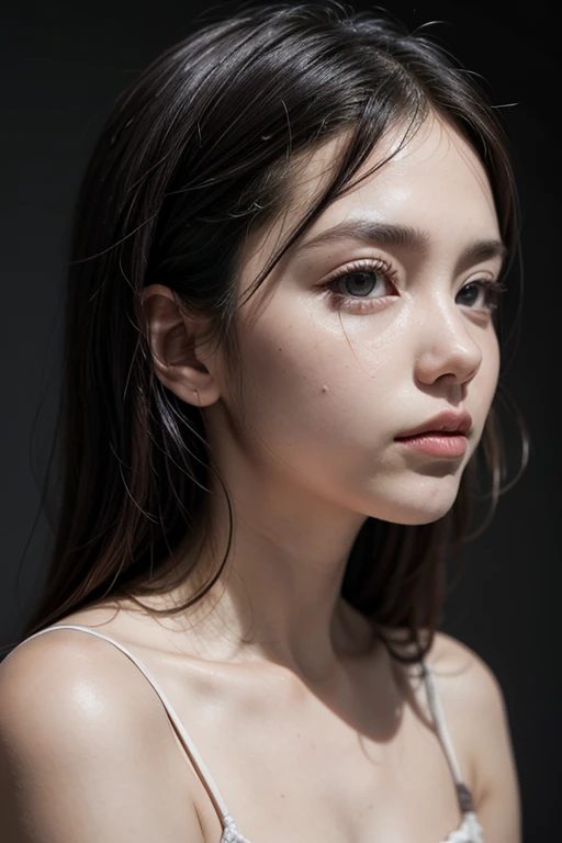 1 girl, a high resolution, long hair, short hair, black hair, tears, Sobbing, Realism,Breasts, To profile,
