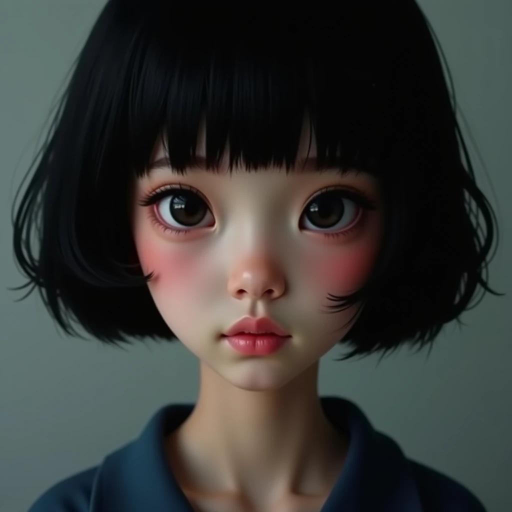 Young short haired Asian girl, bangs, innocent, pure, blues eyes, eith Hello Kitty