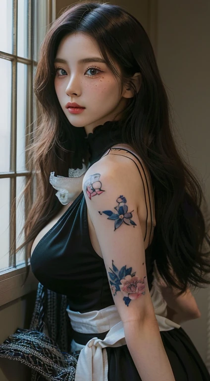 ulzzang-6500-v1.1, (Raw photo:1.2), (Photoreal), (genuine: 1.4), (masterpiece, highest quality, highest quality, official art, beautiful and aesthetic:1.2),1 girl, tattoo, alone, Bedroom、(in the nude)、back、butt、 hair ornaments, black hair, blue eyes, bare shoulders, think back, from behind, flower, turn around, holding, Makeup,
