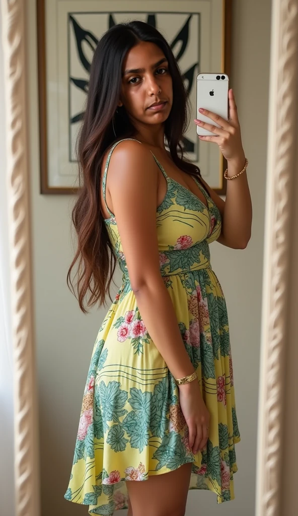 Very beautiful brunette with striking Latin Spanish features, long black hair, Latin Spanish features, large and bright green eyes, beautiful, she is 33 years old (( meia idade)) taking a selfie in a light floral dress in summer in Spain, impeccable beauty, beleza natural 