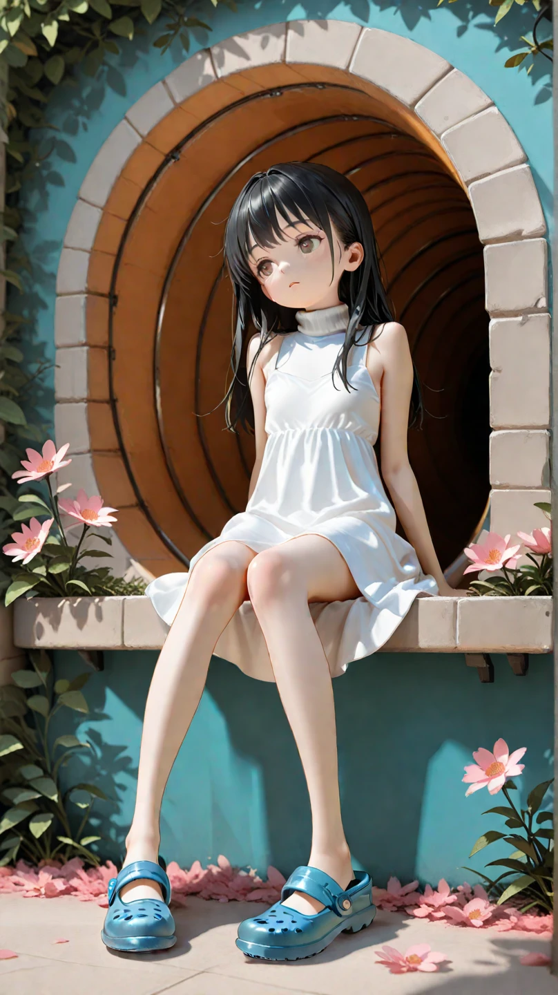 Solo, UHD, Super Detailed, High Quality, Best Quality, Masterpiece, High Resolution, Anatomically Correct, 1loli, petite, 1preteen girl,skinny. A 14-years-old junior high school girl, long black hair, she wear a white turtleneck sun dress, and crocs shoe, sitting, resting on walls. Inside the narrow tunnel, bunch of sakura flowers is coming from the other end, the flowers is carried by the wind, tunnel way, light from the other end