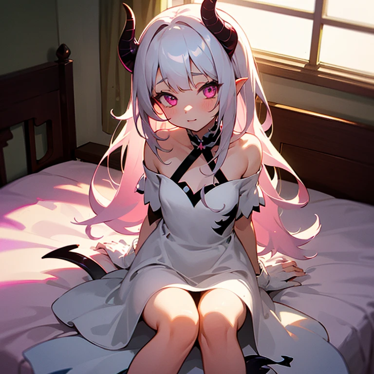 1girl, young loli, dark tan skin, slightly realistic, red horns, large eyes, yellow eyes, on bed being fucked by a man, beautiful eyes, intricate details, white tank top and white panties, white thighhighs,  sitting on the grass, wet body, wet clothes, lewd expression
