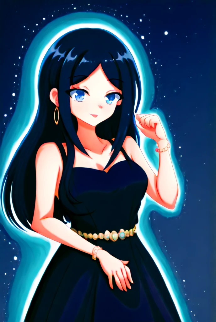 A young woman of about 27 years old with a cool and classy aura. Livia has long black hair neatly coiffed, sharp blue-gray eyes radiating serenity, as well as thin lips with a full confident expression. She wore a simple but elegant black dress, with minimalist jewelry that shows her luxurious taste.