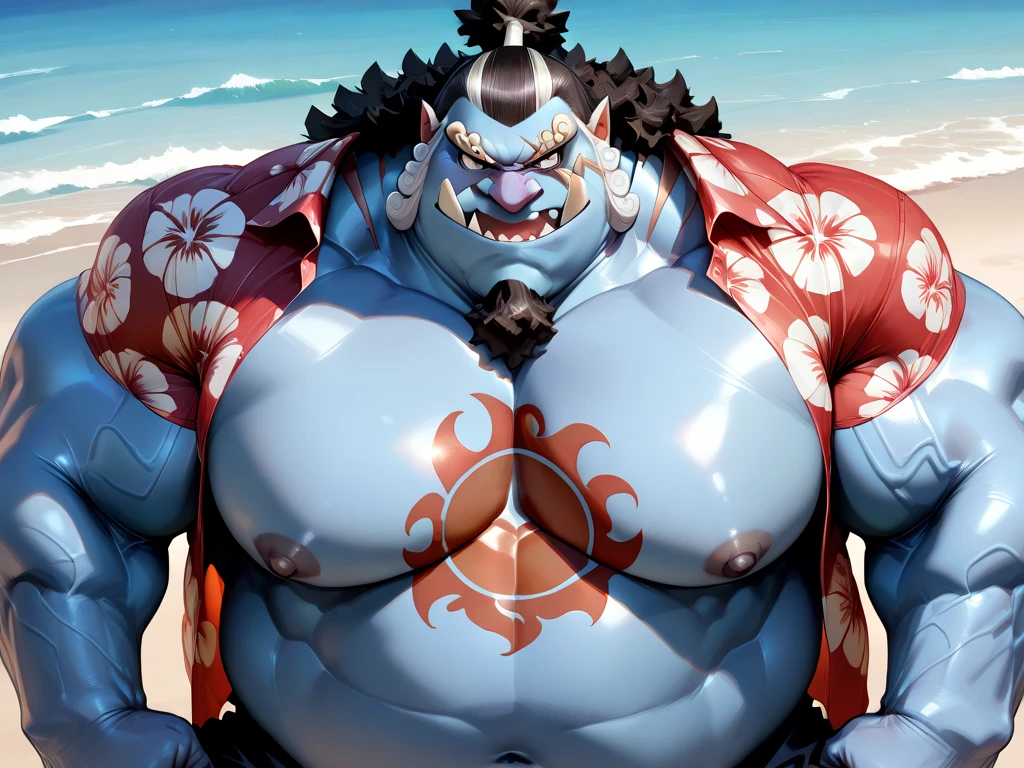 chubby man (jinbei) in street, (blue skin, blue skinned), muscular, pectoral, wide pectoral, beach, palm, realistic, 8k, masterpiece, (wearing shorts and shirtless, shoes)
