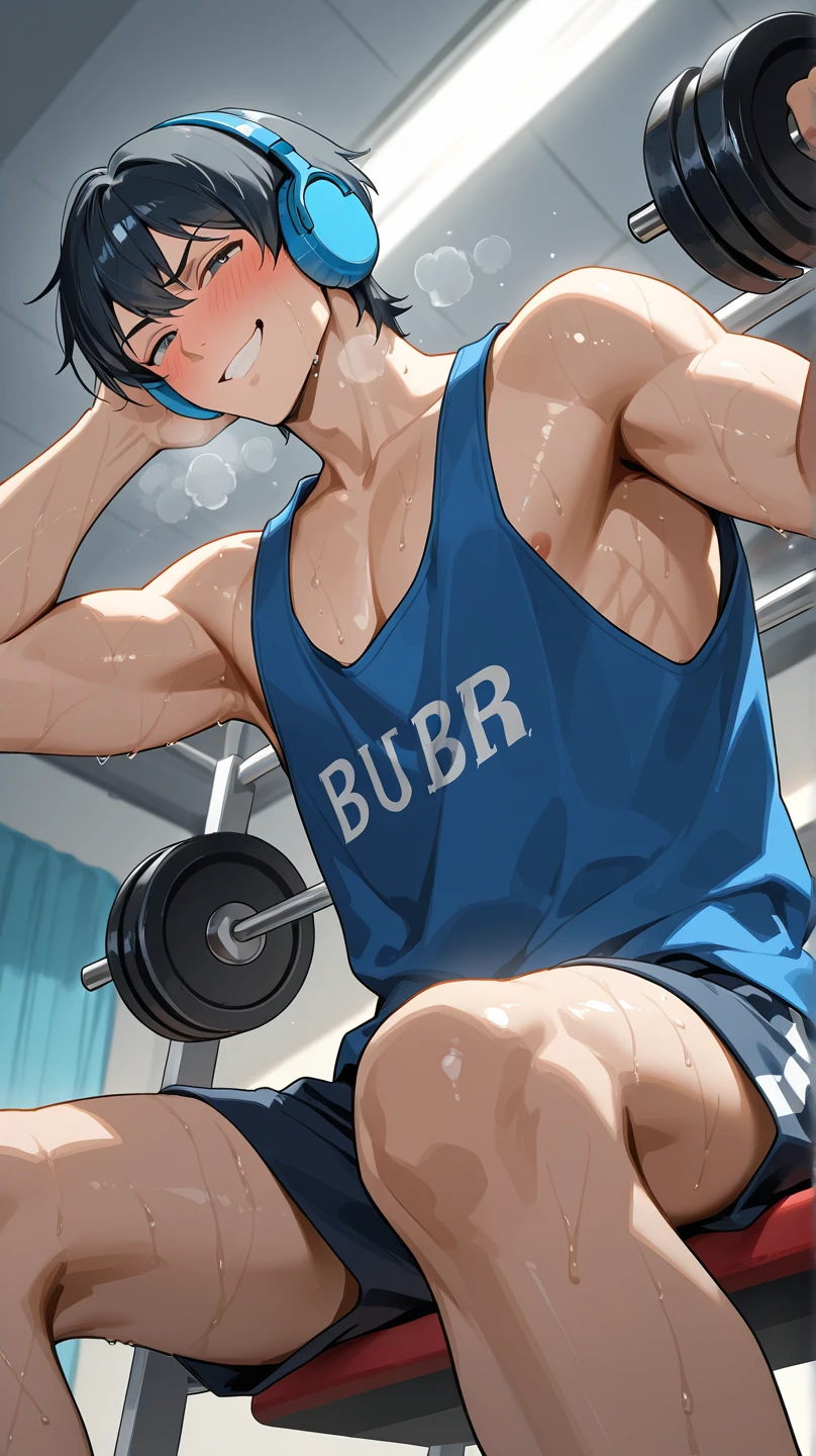 pretty anime shirtless handsome male boy wearing tank top sitting and lifting  dumbbels in gym sweaty very detailed character High Resolution, Black Hair, From Below, Blush,  Heavy Breathing, Smirk, Moaning,  Headphones, 