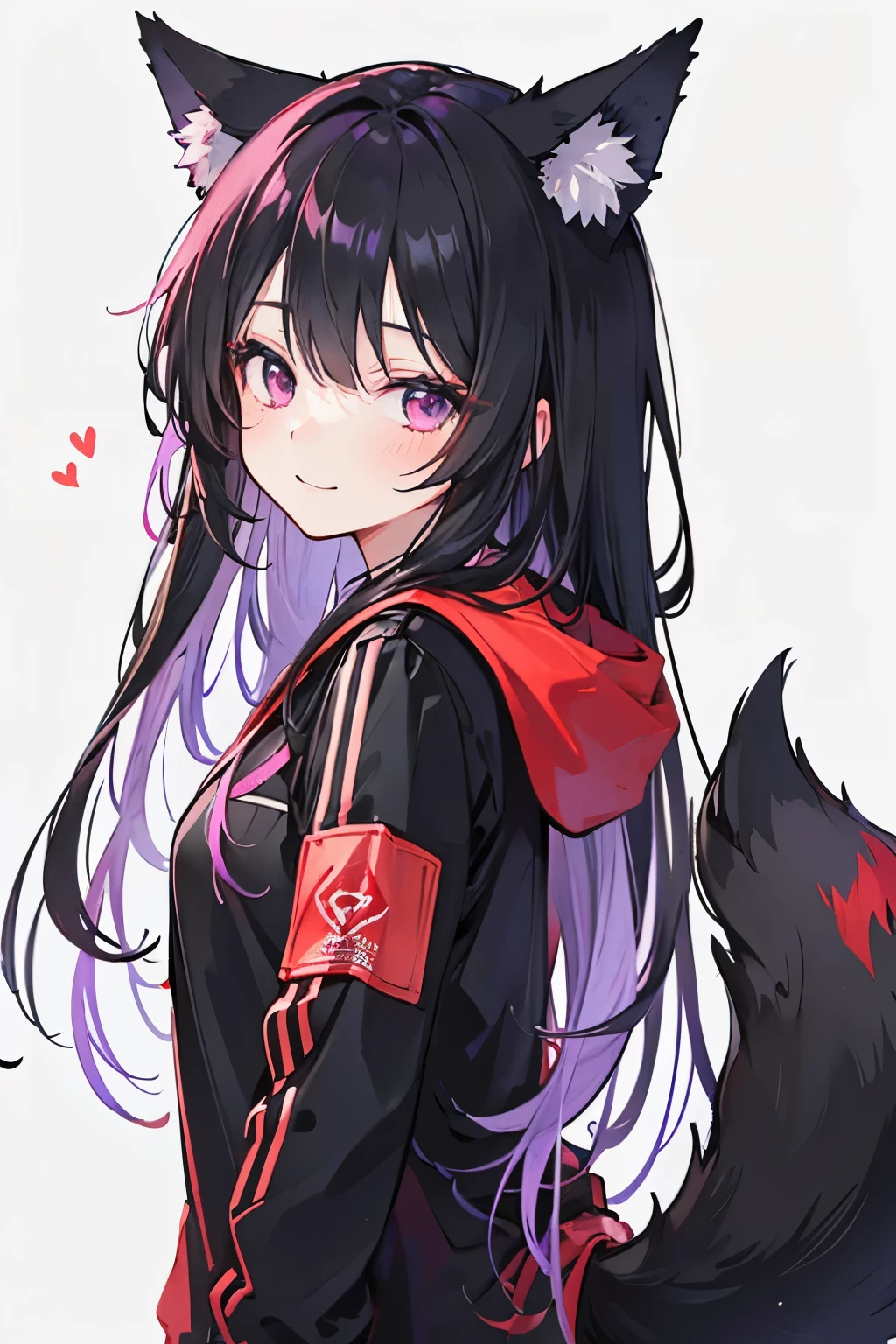 Girl, long black hair fading down into a purple or magenta, hair ombré, black and red wolf ears and tail, red at the ends of tail and wolf ears, smile, cute, sweet, expressive black eyes, colorless eyes, red jacket