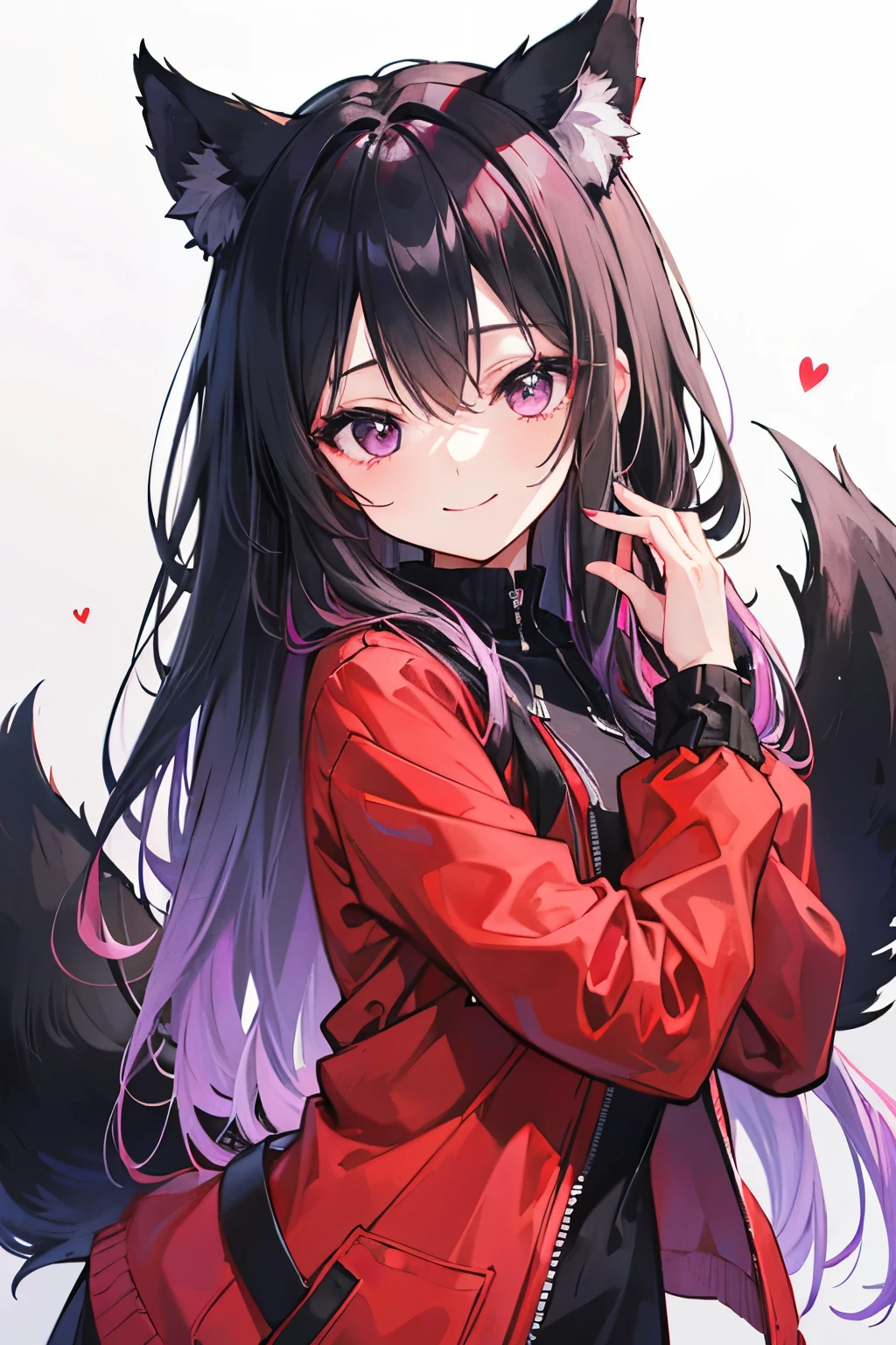 Girl, long black hair fading down into a purple or magenta, hair ombré, black and red wolf ears and tail, red at the ends of tail and wolf ears, smile, cute, sweet, expressive black eyes, colorless eyes, red jacket