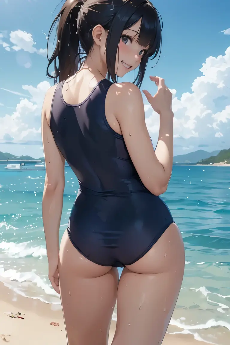 human woman、(photorealistic quality, Fidelity 1.9, Ultra-high precision CG unified 8K wallpaper)、highest quality、ultra high resolution、Raw photo、(real skin texture:1.3)、big 、chest、wavy blonde black hair、picture perfect face、((perfect female body))、beautiful expression、beautiful face、temptation expression、beautiful eyes、T-Pack、thighs、(butt、looked back、、上向きのbutt、傾斜したbuttを見せて、上向きのbutt、大きなbuttを視聴者に向かって突き出します、show me your butt:1.9)、視聴者に向けてchestアピール、視聴者にchest見せて、blue ocean、Blue sky、white sand beach、beautiful sea、A big smile、cute smile、laughing、wet with water