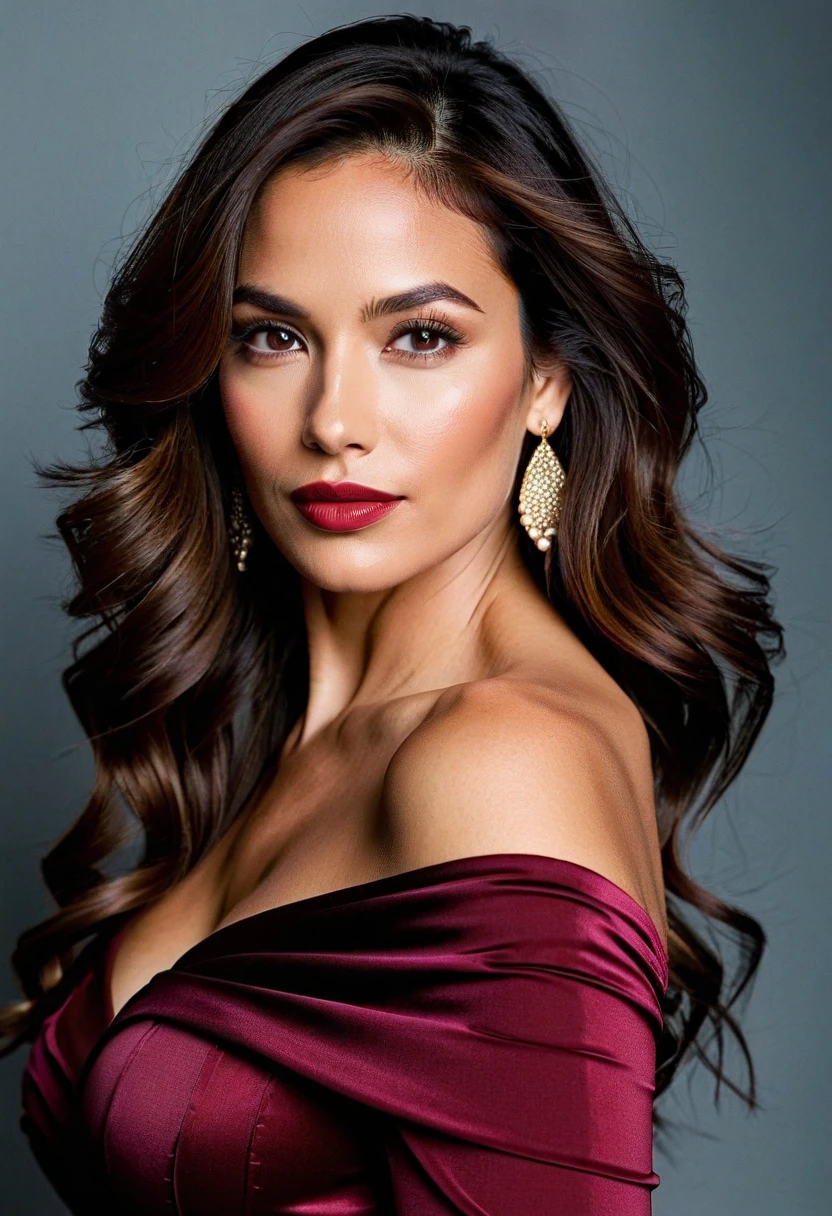 Generate a portrait of Anna Farias exuding timeless elegance and vintage glamour. Envision her in a classic Hollywood setting with soft, flattering lighting. Emphasize her features with a touch of sophistication, perhaps inspired by the golden age of Hollywood. Ultra Realistic photo, vibrant colors, 16k