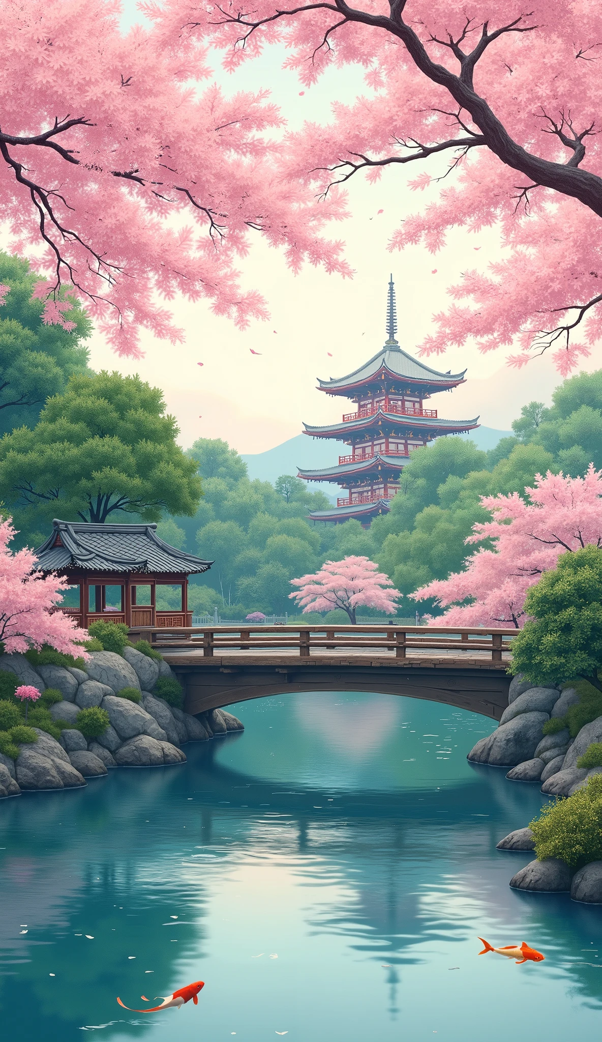 (Digital Paint)、(best quality)、Quiet Japanese garden、cherry blossoms in full bloom、Carp Pond、Pedestrian bridge、tower、Ukiyo-e style、Hokusai Inspiration、Popular Devian Art、8K Ultra Realistic、Pastel Color Schemes、soft body lighting、golden hour、quiet atmosphere、landscape orientation