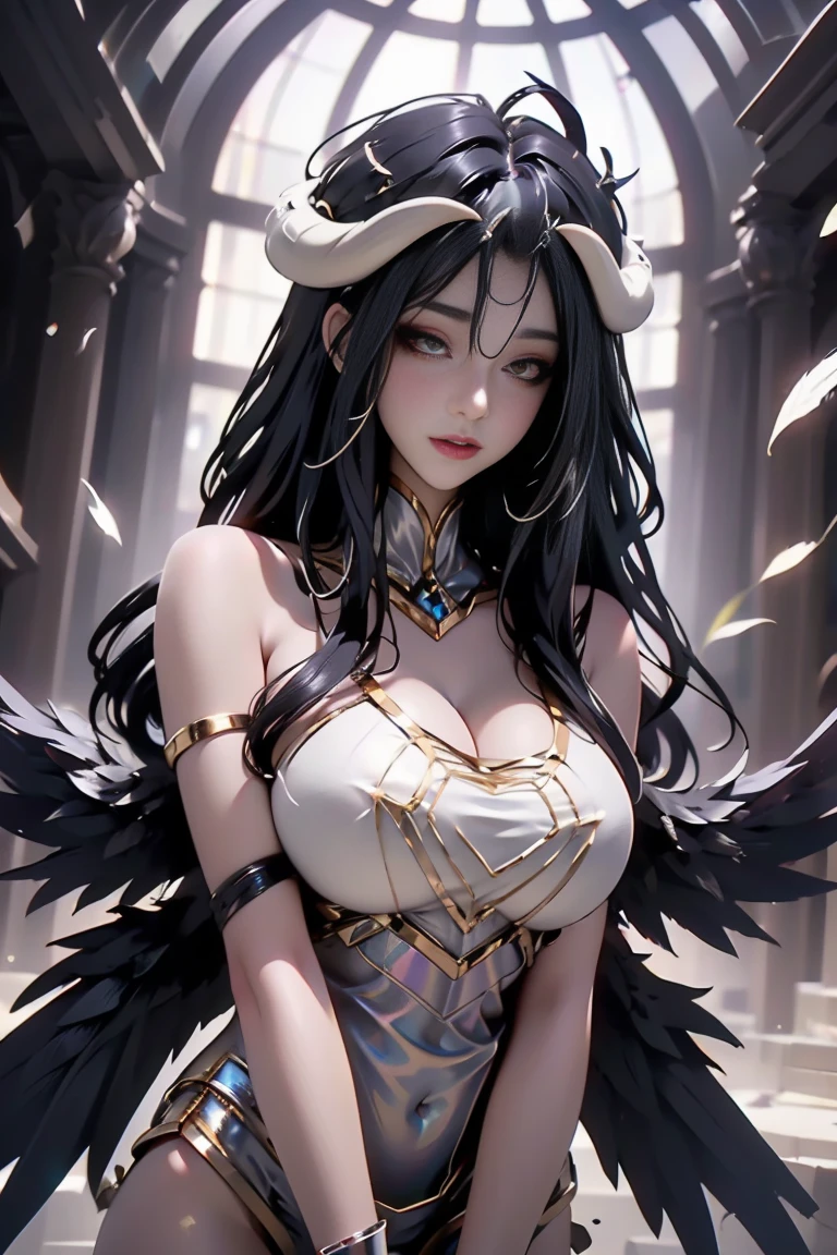 masterpiece, best quality, Super detailed, illustration, epic lights, film composition, Isometric,(hexagon:1.2), 1 girl, horn, alone, yellow eyes, black hair, long hair, (low wing:1.2), large cleavage, bare shoulders, hair between eyes, beautiful breasts、huge breasts:1.4beautiful breasts、huge breasts:1.4, (white dress:1.1), golden decoration, split collar, view viewer, half-closed eyes, (view viewer:1.1), open lips, blush, Black feathers fall, arena, particle effects, (8K:1.1)