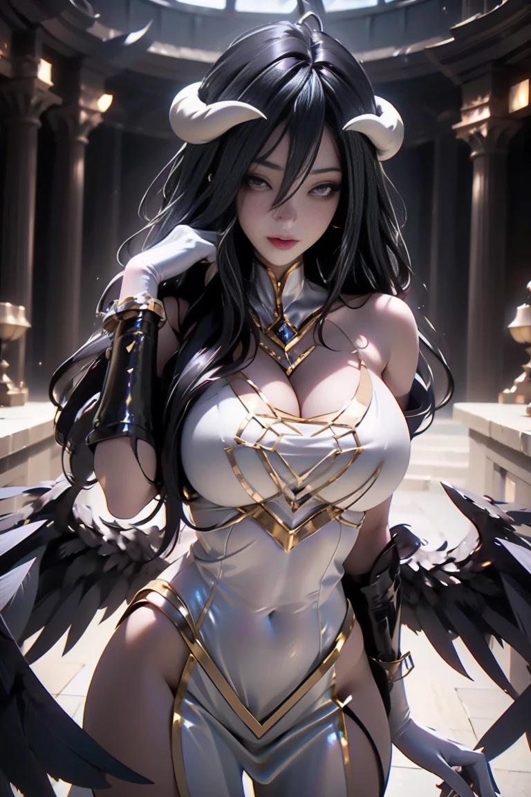 focused to upper body, realistic, 1girl, long black hair, sparkling yellow eyes, white dress, standing pose, tomb background, horn, perfect limbs, desnuda sexy, de pies a cabeza imagen hd hermosa diosa piernas grandes y culo rico tetas Grandes diosa hermosa