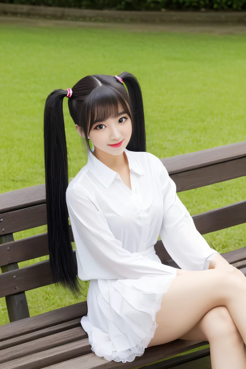 (perfectly photographed from knee to head, full body)(I took a picture of a female college student at a spring park)(sitting on a bench in elegant style)(the most beautiful Japanese college girl's perfect face)(Best Quality)(masterpiece)(Get used to it)(Best Details)(4K)(erotic make-up)(happy expression)(perfect sexy face)( patchy double eyelids)( she has Asian eyes )(Cinematic quality)(beautiful eyebrows like a makeup model)(Beautiful black mascara)(cute red lipstick)(( neatly arranged、Cute Bang That Naturally Drops Diagonally))((The straightest and most beautiful hair type in Japan))((Super long straight twin tails:1.3))(Shiny and beautiful hair!!)(thick, healthy, beautiful hair)(Beautiful swaying hair )(Japan's most beautiful hair)((Feeling the arrival of spring、Fluffy Shirt))(White Skirt)(Taken in a beautiful grassy park)