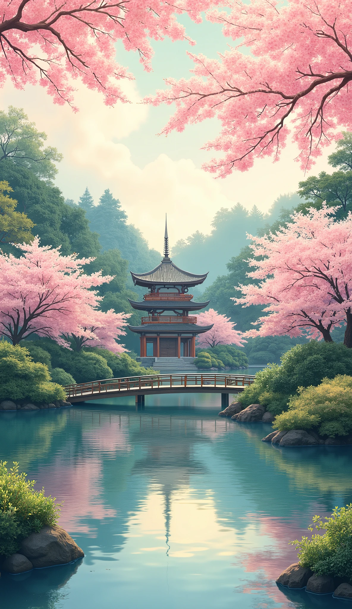 (Digital Paint)、(best quality)、Quiet Japanese garden、cherry blossoms in full bloom、Carp Pond、Pedestrian bridge、tower、Ukiyo-e style、Hokusai Inspiration、Popular Devian Art、8K Ultra Realistic、Pastel Color Schemes、soft body lighting、golden hour、quiet atmosphere、landscape orientation