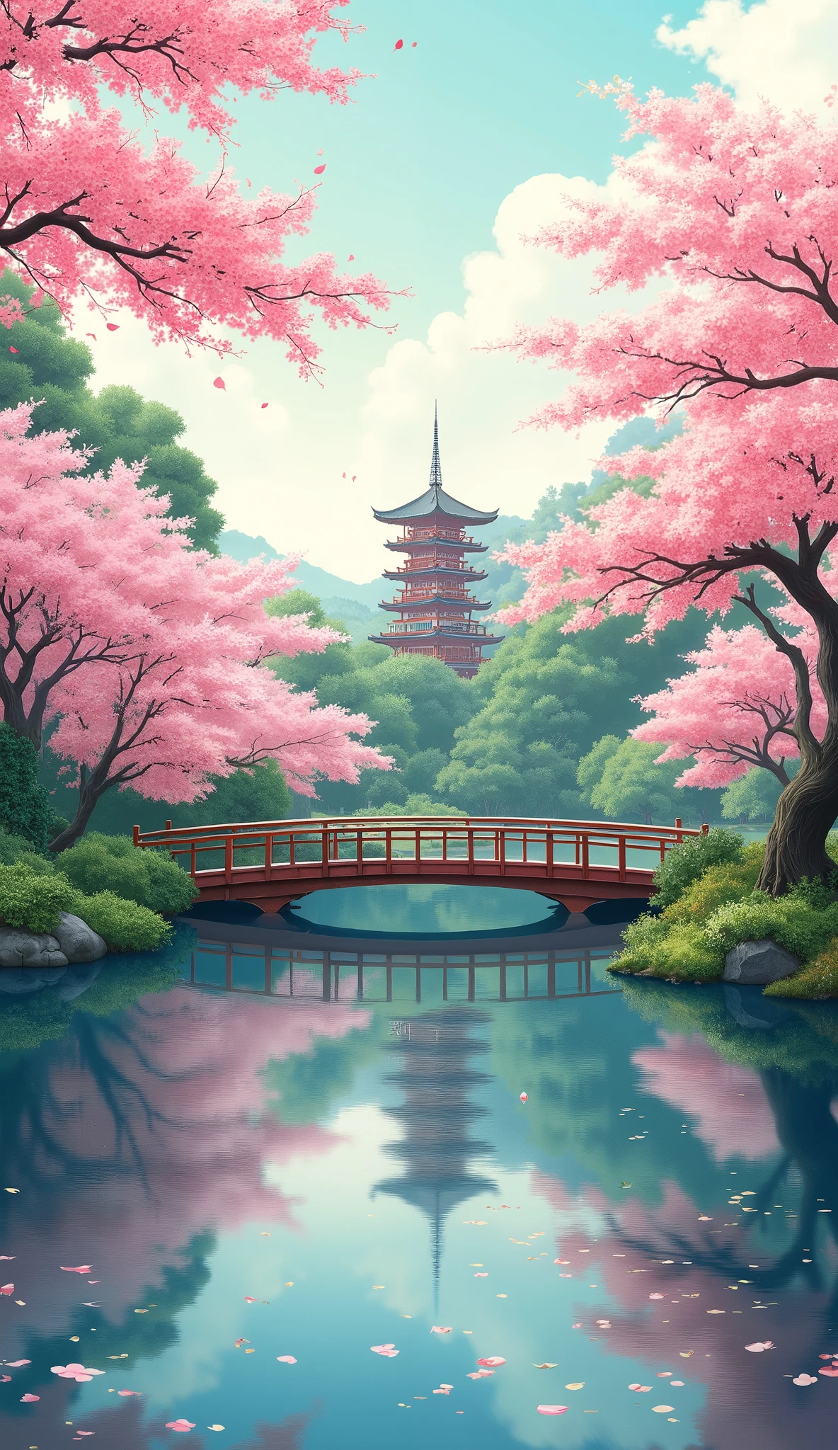 (Digital Paint)、(best quality)、Quiet Japanese garden、cherry blossoms in full bloom、Carp Pond、Pedestrian bridge、tower、Ukiyo-e style、Hokusai Inspiration、Popular Devian Art、8K Ultra Realistic、Pastel Color Schemes、soft body lighting、golden hour、quiet atmosphere、landscape orientation