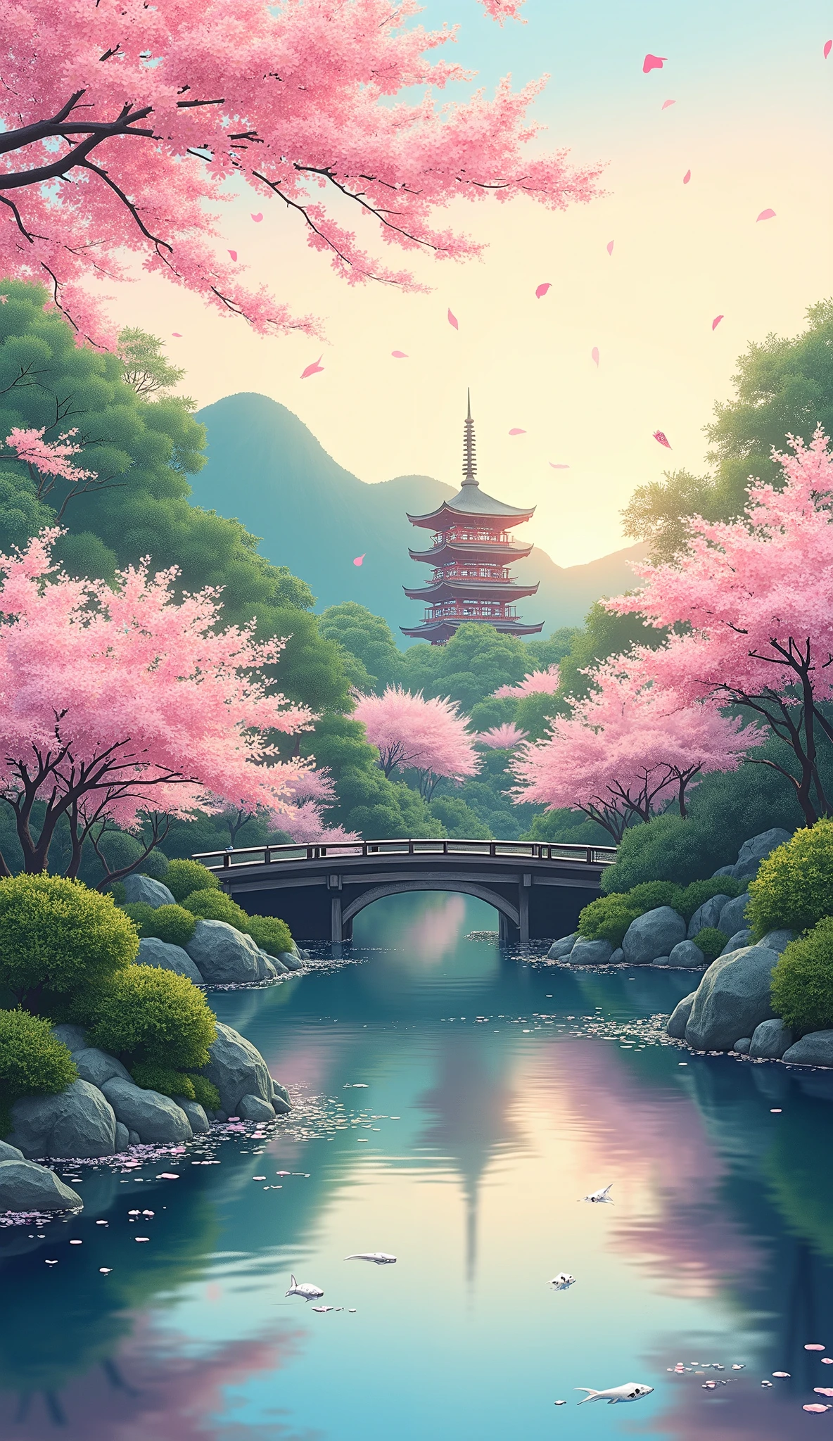 (Digital Paint)、(best quality)、Quiet Japanese garden、cherry blossoms in full bloom、Carp Pond、Pedestrian bridge、tower、Ukiyo-e style、Hokusai Inspiration、Popular Devian Art、8K Ultra Realistic、Pastel Color Schemes、soft body lighting、golden hour、quiet atmosphere、landscape orientation