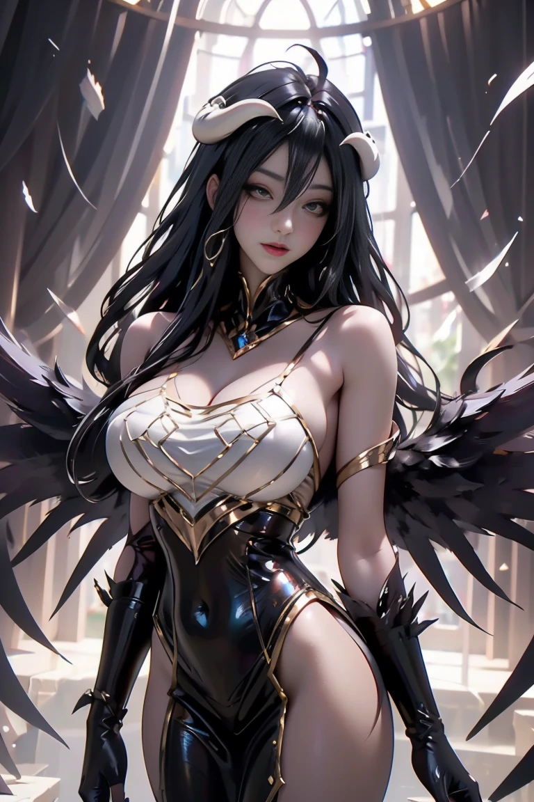 1girl, thighs, (black theme), tube top, highleg micro thong, (muscular abs:0.6), thigh strap, detailed face, looking at viewer, wing embellishment, detailed feather, very long hair, middle-parted bangs, gigantic breasts,