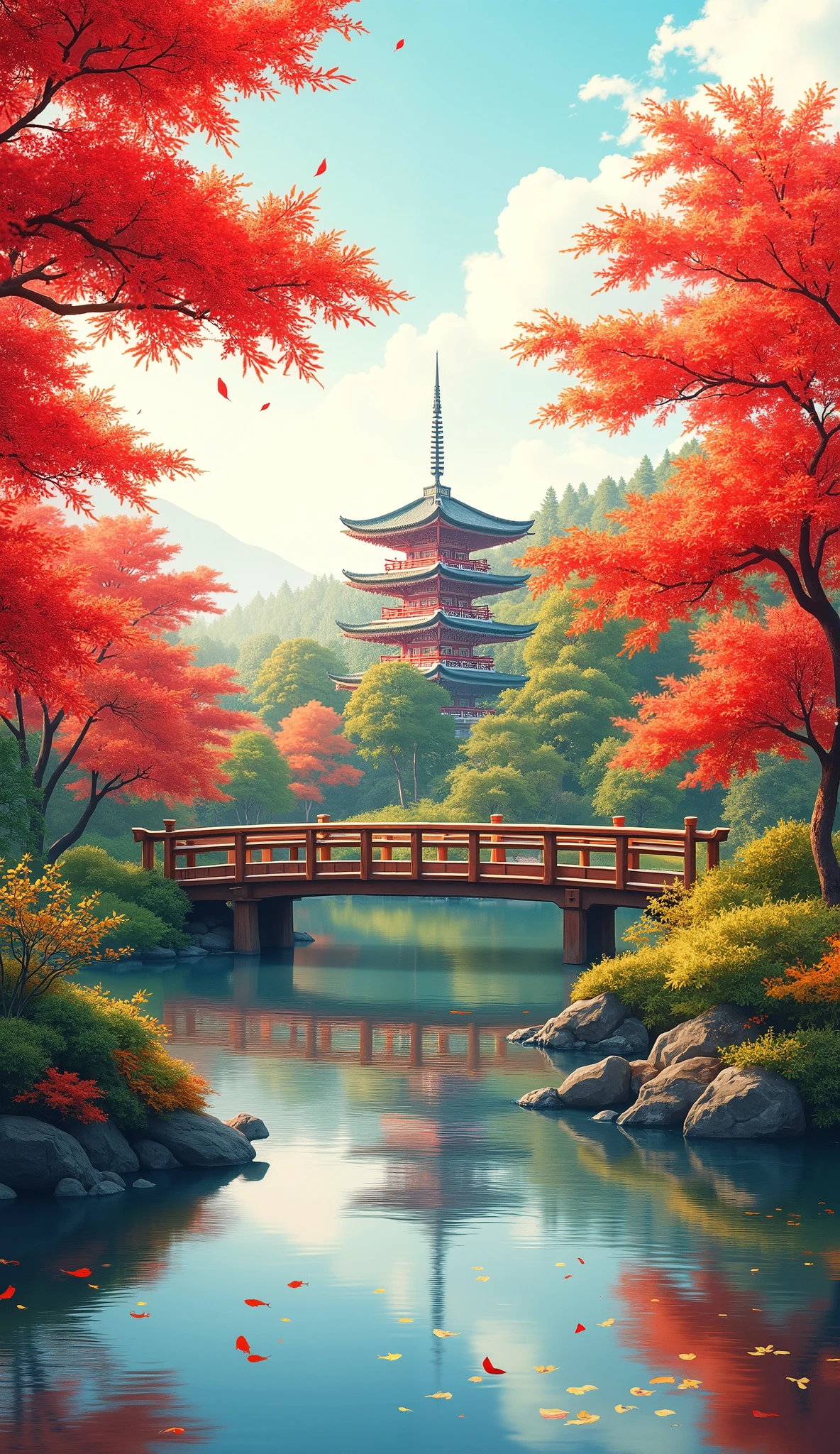 (Digital Paint)、(best quality)、Quiet Japanese garden、Bright red autumn leaves、Carp Pond、Pedestrian bridge、tower、Ukiyo-e style、8K Ultra Realistic、Pastel Color Schemes、soft body lighting、golden hour、quiet atmosphere、landscape orientation