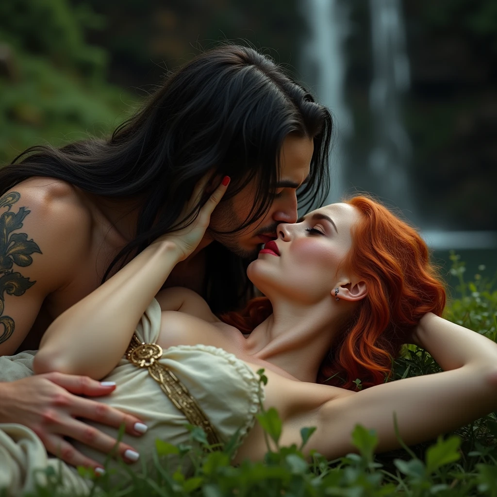 (Raw photo:1.2), (Photorealistic:1.6), Huge file size, High resolution, [Masterpiece:1.6], Illustration, Very detailed, nfsw, Fine detail, 8K Wallpaper, Best Quality, movie lighting. man and a woman hugging in the woods, Very wet body water rainy, female link and malon kissing, peasant boy and girl first kiss, gregoire and manon, lovely kiss, kisses are wordless spells, hyper realistic face, perfect face, fairy tale style background and rainy weather, the girl has red hair huge naked breasts,breast exposed, thicc thighs. The boy is strong body his penis was hard,boy penis exposed, (anatomy correctly:1.0), accurate,UHD