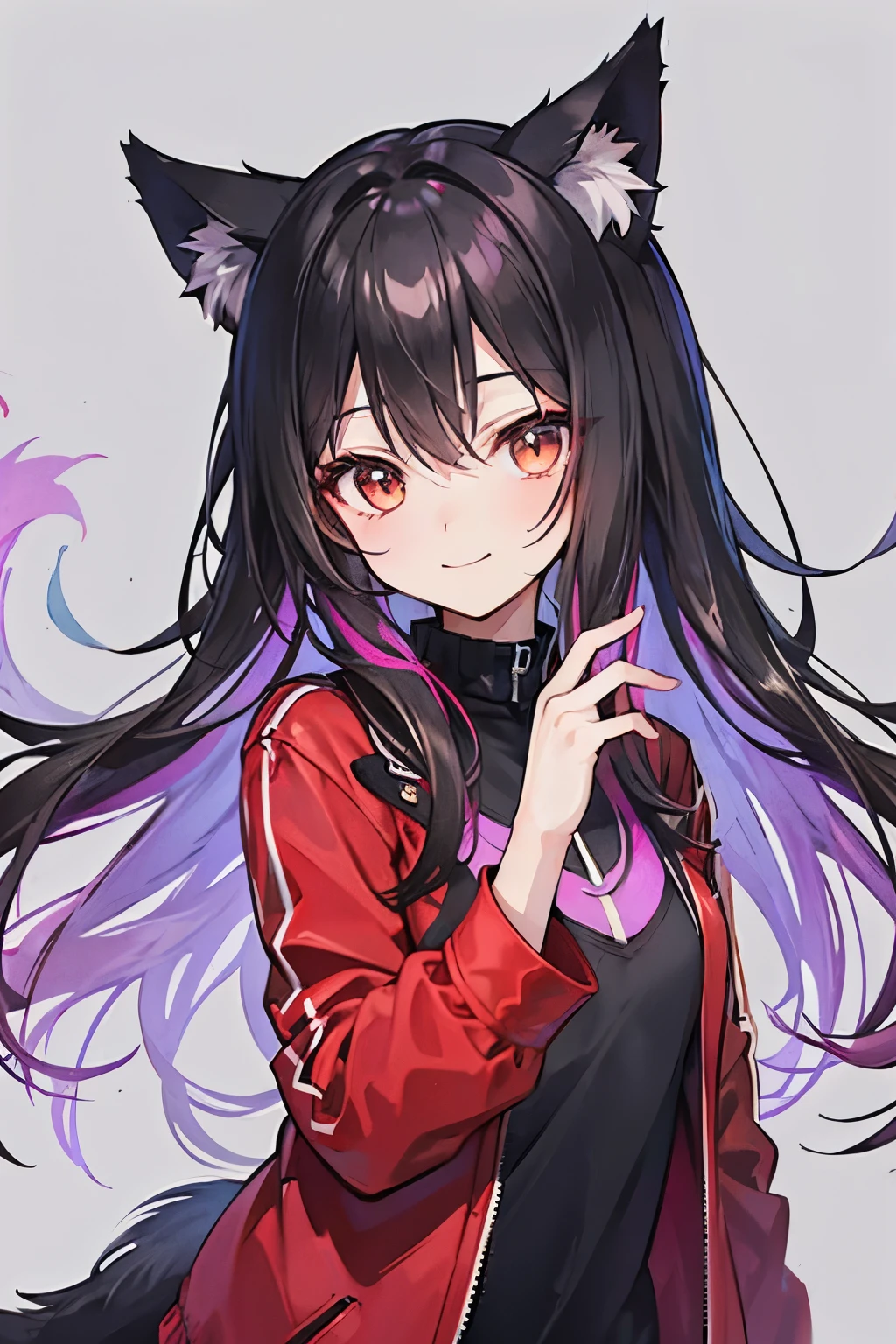 Girl, long black hair fading down into a purple or magenta, hair ombré, black and red wolf ears and tail, red at the ends of tail and wolf ears, smile, cute, sweet, expressive really dark brown eyes, red jacket