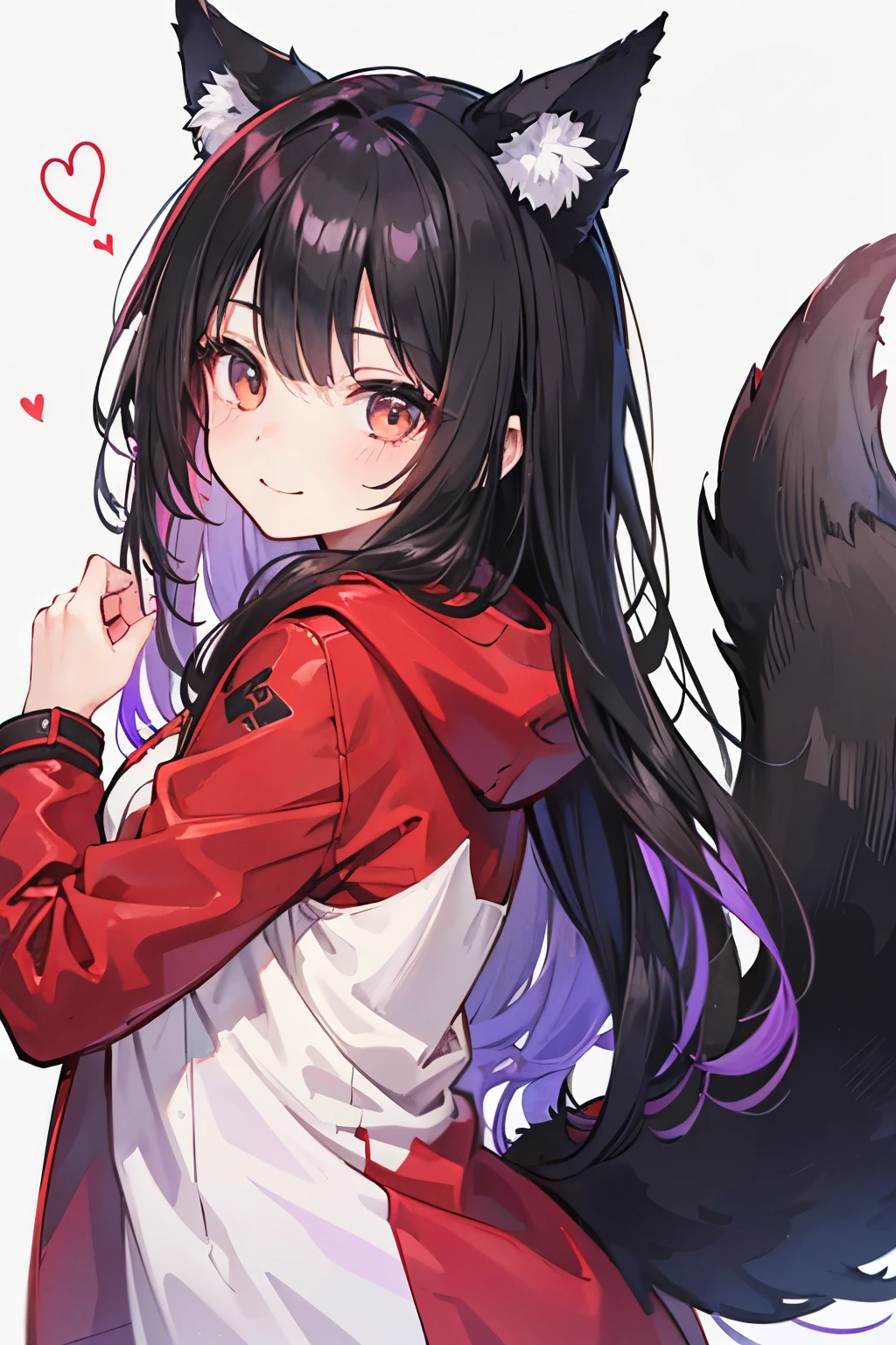 Girl, long black hair fading down into a purple or magenta, hair ombré, black and red wolf ears and tail, red at the ends of tail and wolf ears, smile, cute, sweet, expressive really dark brown eyes, red jacket