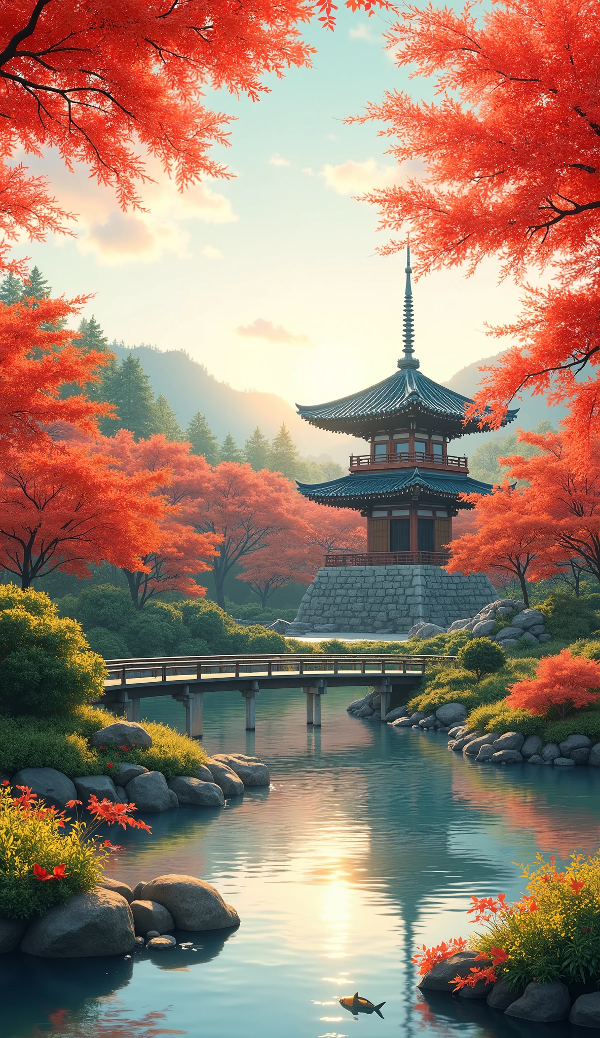 (Digital Paint)、(best quality)、Quiet Japanese garden、Bright red autumn leaves、Carp Pond、Pedestrian bridge、tower、Ukiyo-e style、8K Ultra Realistic、Pastel Color Schemes、soft body lighting、golden hour、quiet atmosphere、landscape orientation