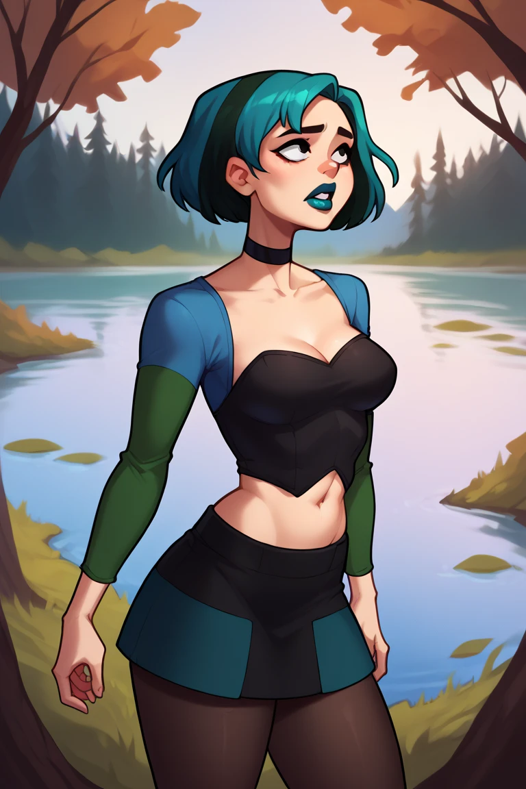 score_9, score_8_up, score_7_up, BREAK,  1girl, solo, breasts,   gwentd, two-tone hair, lipstick, choker, crop top, long sleeves, midriff, skirt, pantyhose, outdoors, lake, forest,