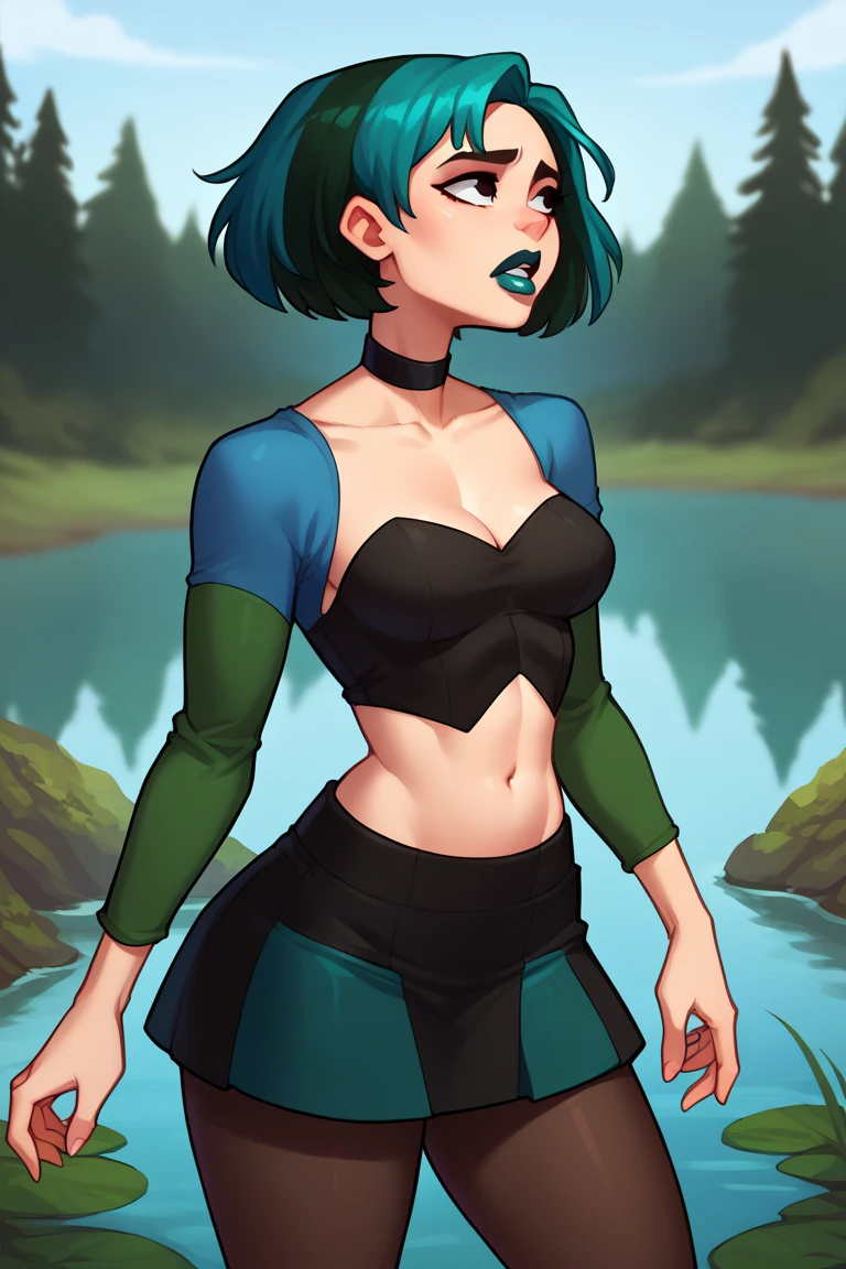Tira3,purple eyes , short aqua hair , makeup, mole under eye, purple tattoos,  green lips,  smiling, upper body, standing, 
TiAttre, revealing clothes, green feathers, no bra, midriff, elbow gloves, cleavage, thighhighs,green footwear, fur trim ,
large lake, on wooden platform  on water, stone bridge,  cloudy,  European  buildings in background, 
(insanely detailed, beautiful detailed face, masterpiece, best quality) <lora:TiraSC3:0.7>