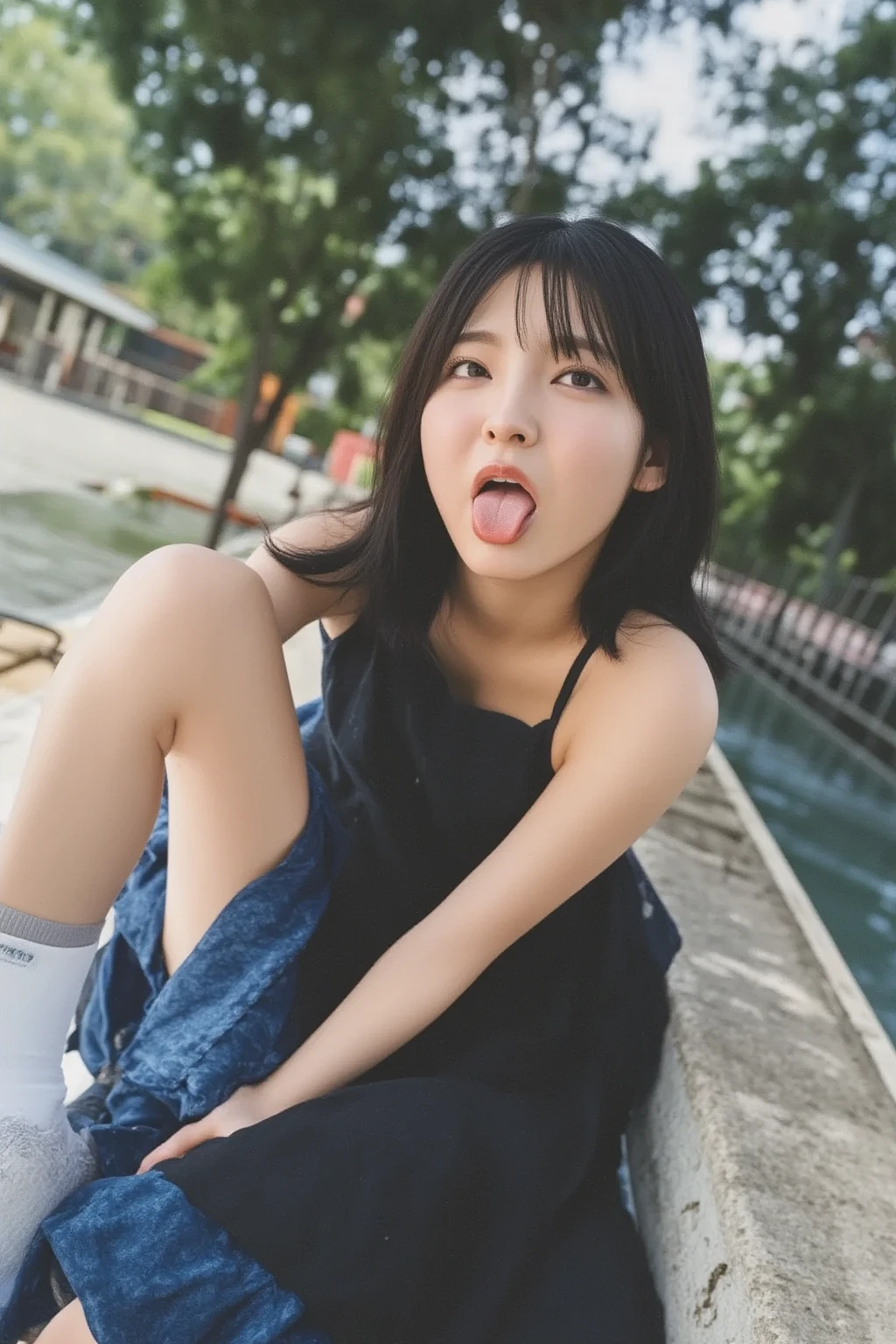 Raw photo, squatting on ground, 1girl, washroom cubicle, pale skin, delicate face, bun, freckles, tongue out, skinny body, choker, hoodie, big breasts, small waist, wide thigh gap:1.2, barefoot, best quality, 16k, masterpiece