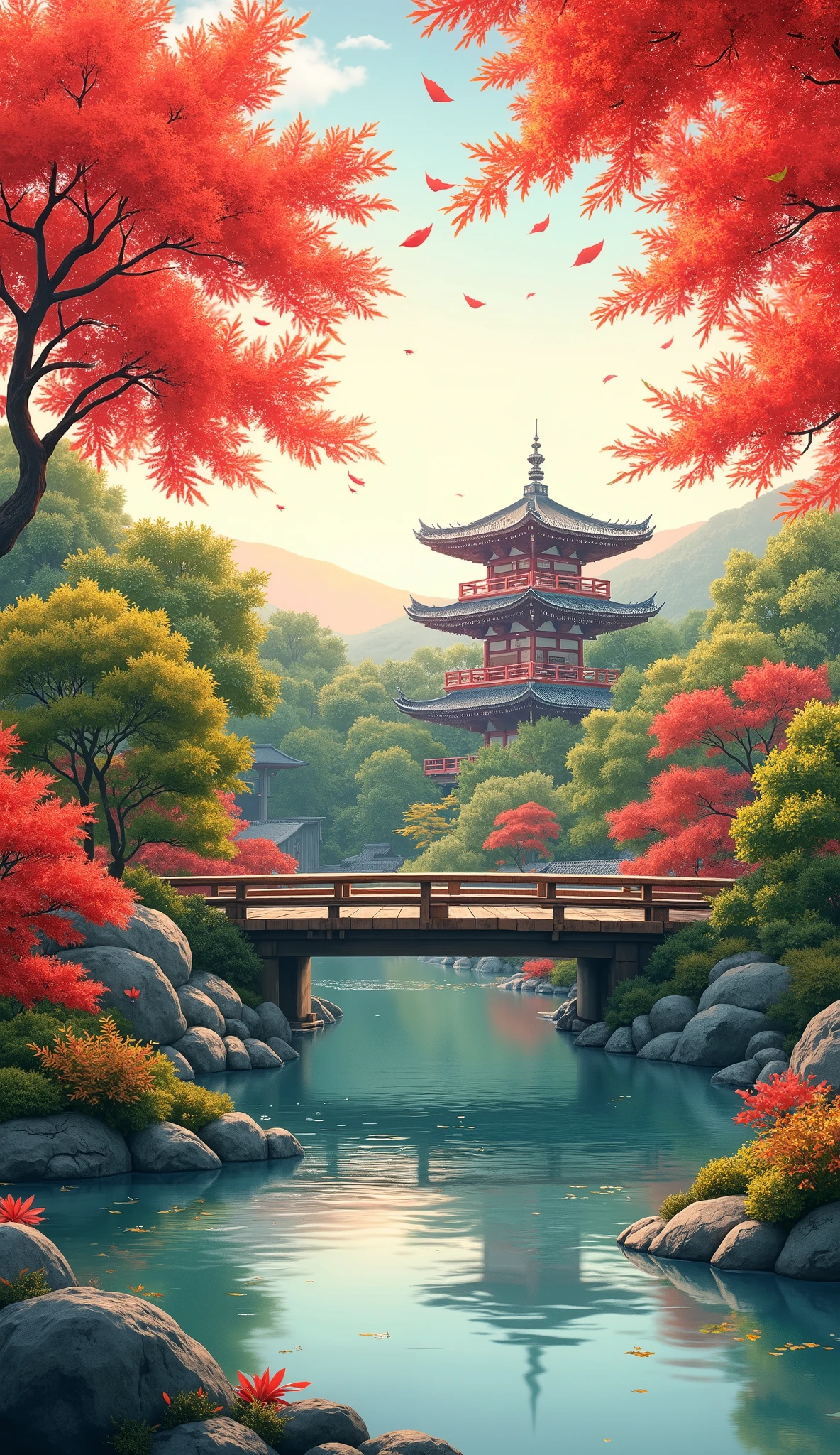 (Digital Paint)、(best quality)、Quiet Japanese garden、Bright red autumn leaves、Carp Pond、Pedestrian bridge、tower、Ukiyo-e style、8K Ultra Realistic、Pastel Color Schemes、soft body lighting、golden hour、quiet atmosphere、landscape orientation